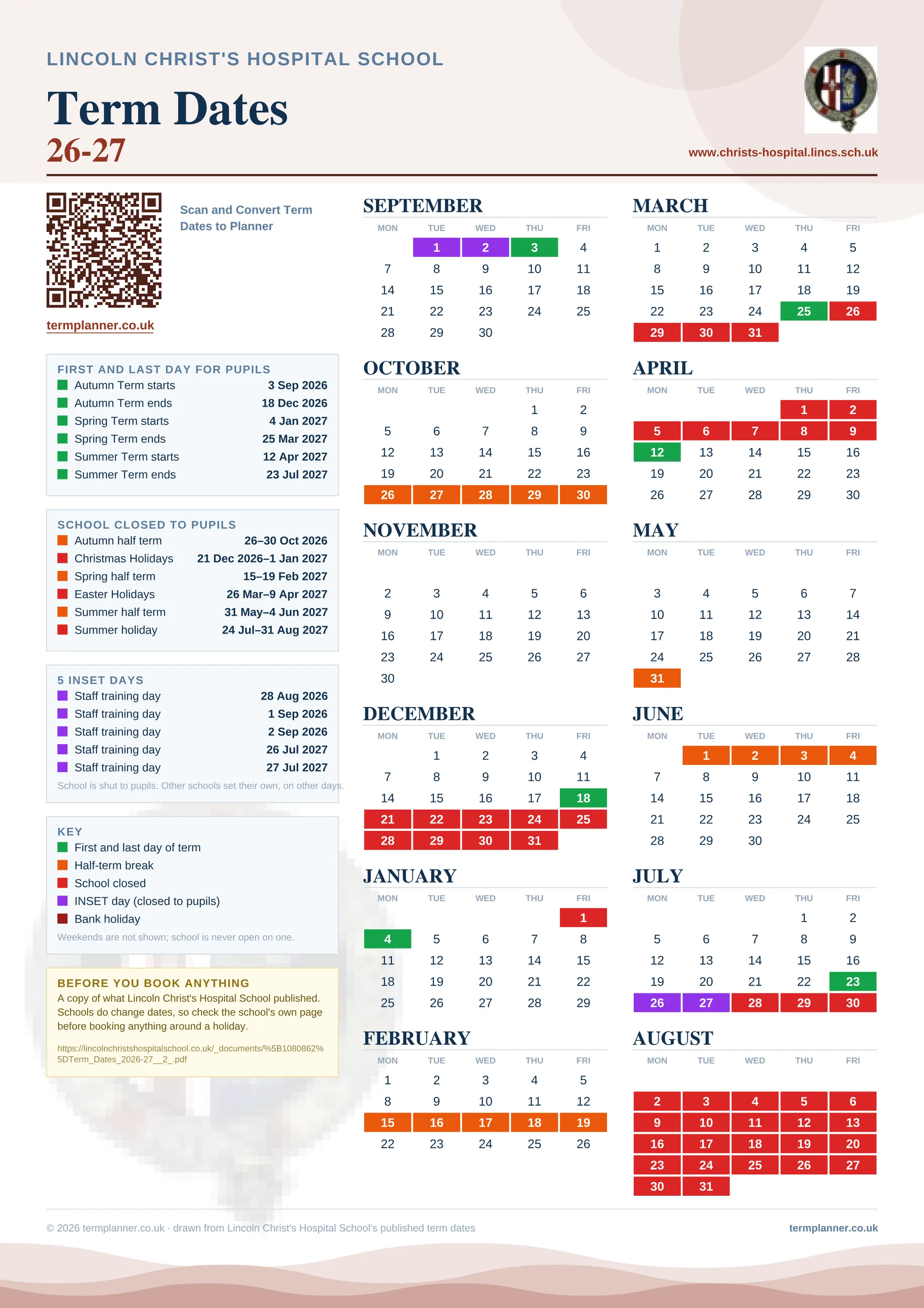 Lincoln Christ's Hospital School’s 2026/27 school year drawn as one sheet: twelve month grids from September to August, Monday to Friday, with autumn term 3 September to 18 December 2026, spring term 4 January to 25 March 2027, summer term 12 April to 23 July 2027. Half terms, holidays and bank holidays are filled in colour, the first and last day of each term is marked, 5 INSET days are picked out, and every date is listed again in words down the left.