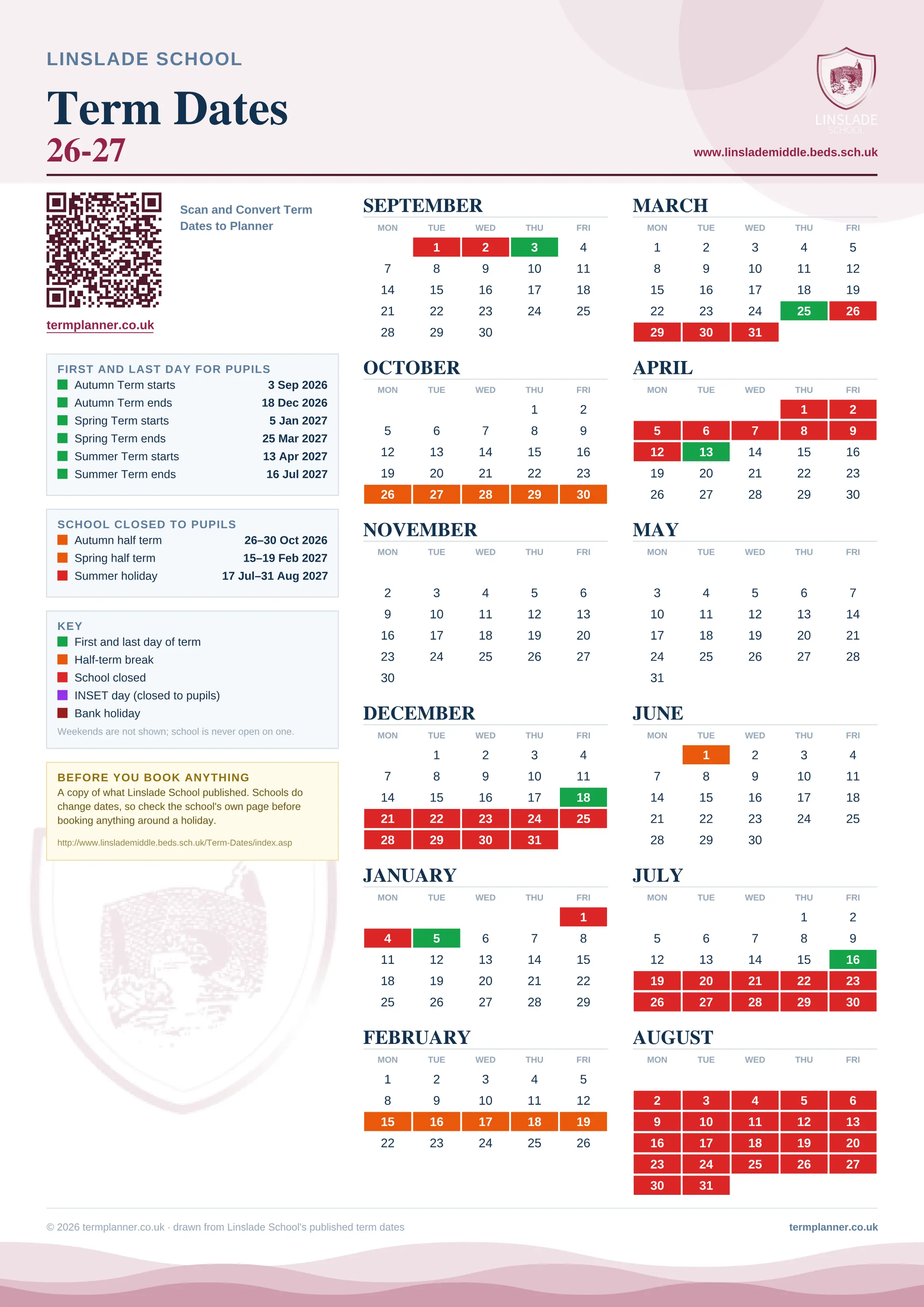 Linslade School’s 2026/27 school year drawn as one sheet: twelve month grids from September to August, Monday to Friday, with autumn term 3 September to 18 December 2026, spring term 5 January to 25 March 2027, summer term 13 April to 16 July 2027. Half terms, holidays and bank holidays are filled in colour, the first and last day of each term is marked, and every date is listed again in words down the left.