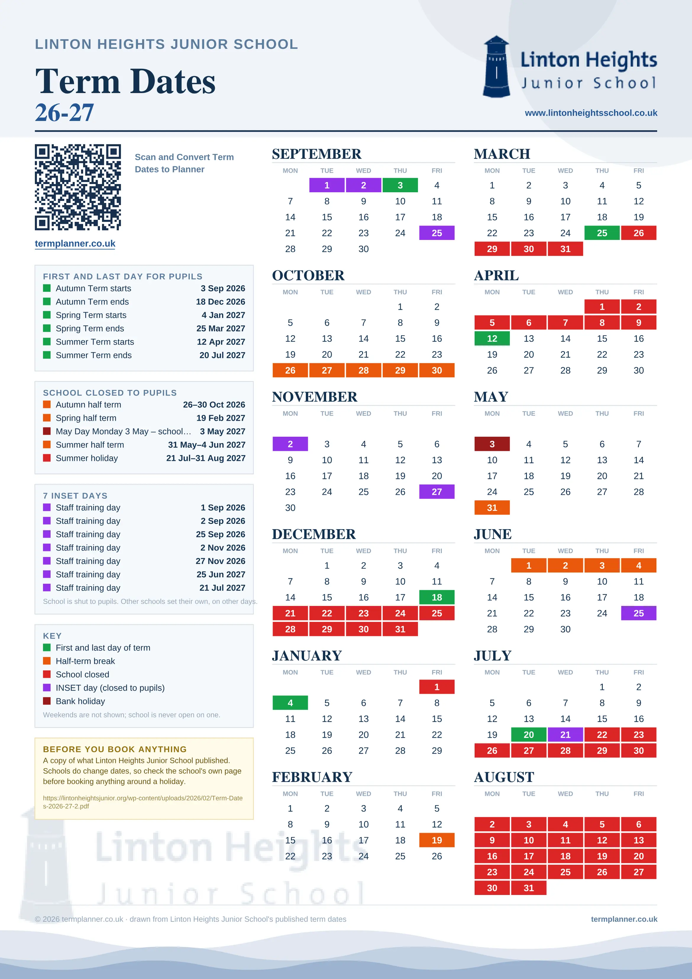 Linton Heights Junior School’s 2026/27 school year drawn as one sheet: twelve month grids from September to August, Monday to Friday, with autumn term 3 September to 18 December 2026, spring term 4 January to 25 March 2027, summer term 12 April to 20 July 2027. Half terms, holidays and bank holidays are filled in colour, the first and last day of each term is marked, 7 INSET days are picked out, and every date is listed again in words down the left.