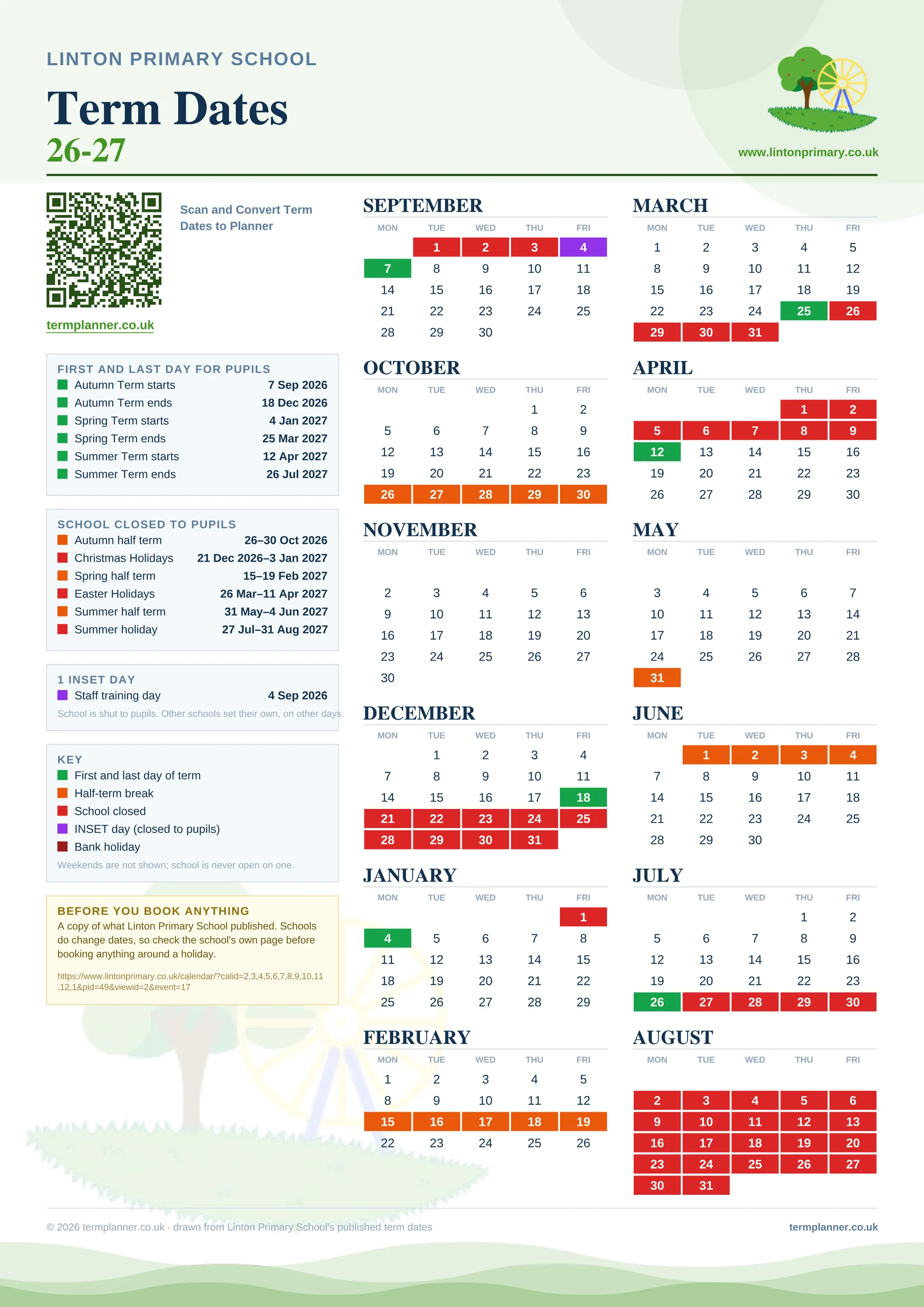 Linton Primary School’s 2026/27 school year drawn as one sheet: twelve month grids from September to August, Monday to Friday, with autumn term 7 September to 18 December 2026, spring term 4 January to 25 March 2027, summer term 12 April to 26 July 2027. Half terms, holidays and bank holidays are filled in colour, the first and last day of each term is marked, 1 INSET day is picked out, and every date is listed again in words down the left.