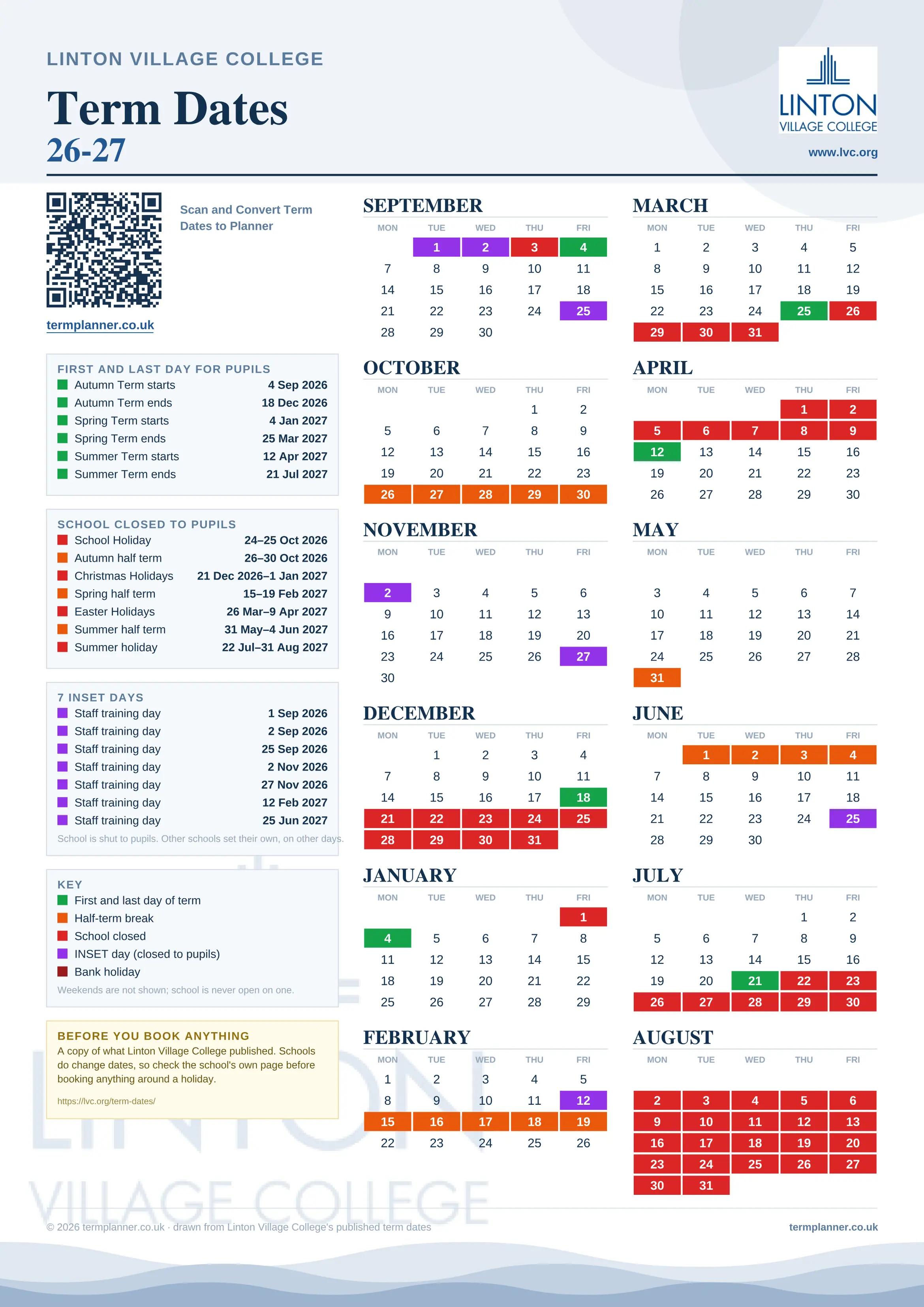 Linton Village College’s 2026/27 school year drawn as one sheet: twelve month grids from September to August, Monday to Friday, with autumn term 4 September to 18 December 2026, spring term 4 January to 25 March 2027, summer term 12 April to 21 July 2027. Half terms, holidays and bank holidays are filled in colour, the first and last day of each term is marked, 7 INSET days are picked out, and every date is listed again in words down the left.