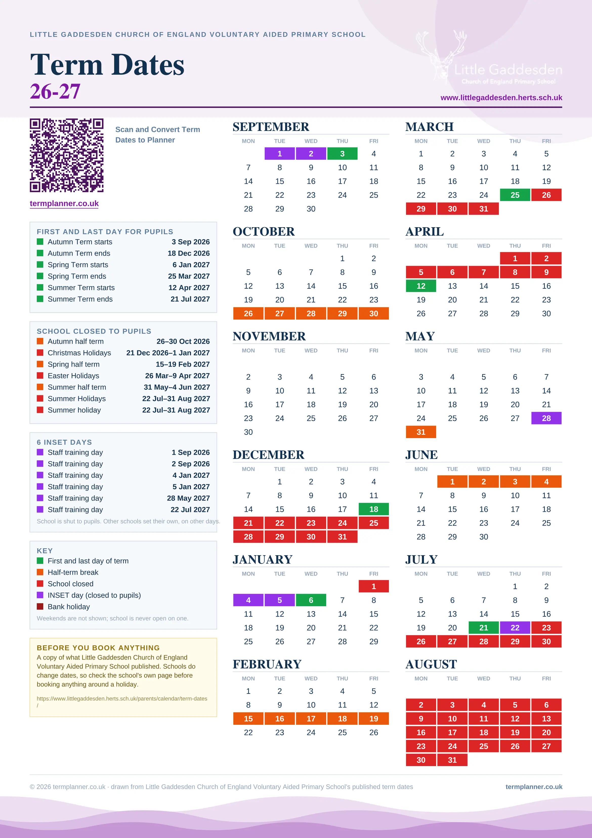 Little Gaddesden Church of England Voluntary Aided Primary School’s 2026/27 school year drawn as one sheet: twelve month grids from September to August, Monday to Friday, with autumn term 3 September to 18 December 2026, spring term 6 January to 25 March 2027, summer term 12 April to 21 July 2027. Half terms, holidays and bank holidays are filled in colour, the first and last day of each term is marked, 6 INSET days are picked out, and every date is listed again in words down the left.