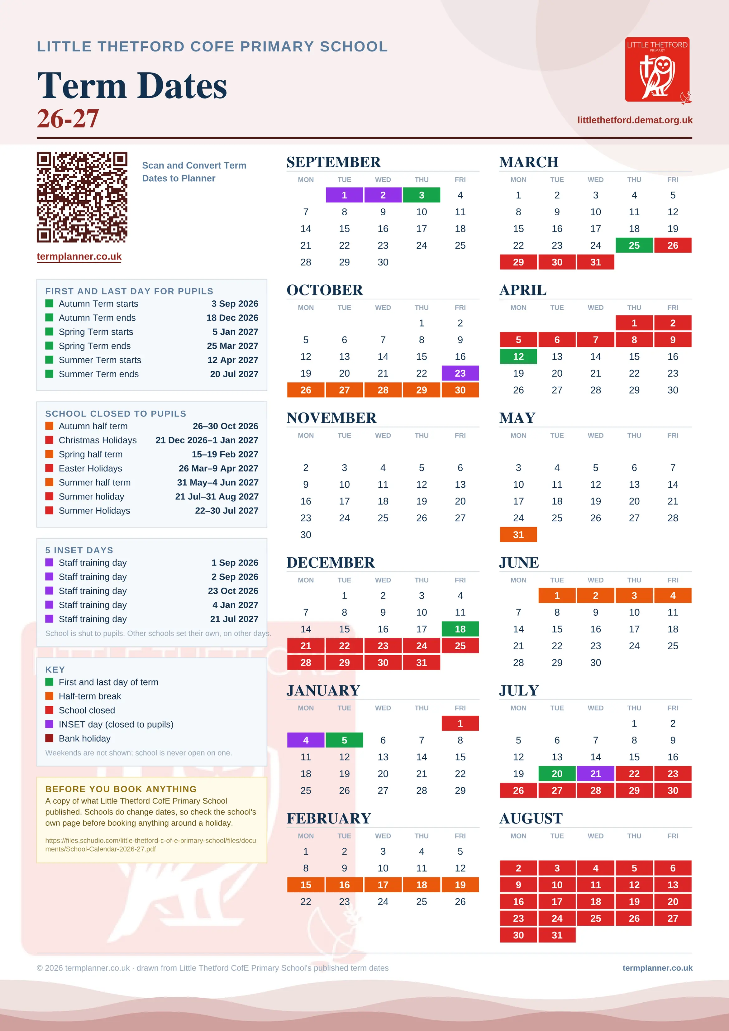 Little Thetford CofE Primary School’s 2026/27 school year drawn as one sheet: twelve month grids from September to August, Monday to Friday, with autumn term 3 September to 18 December 2026, spring term 5 January to 25 March 2027, summer term 12 April to 20 July 2027. Half terms, holidays and bank holidays are filled in colour, the first and last day of each term is marked, 5 INSET days are picked out, and every date is listed again in words down the left.