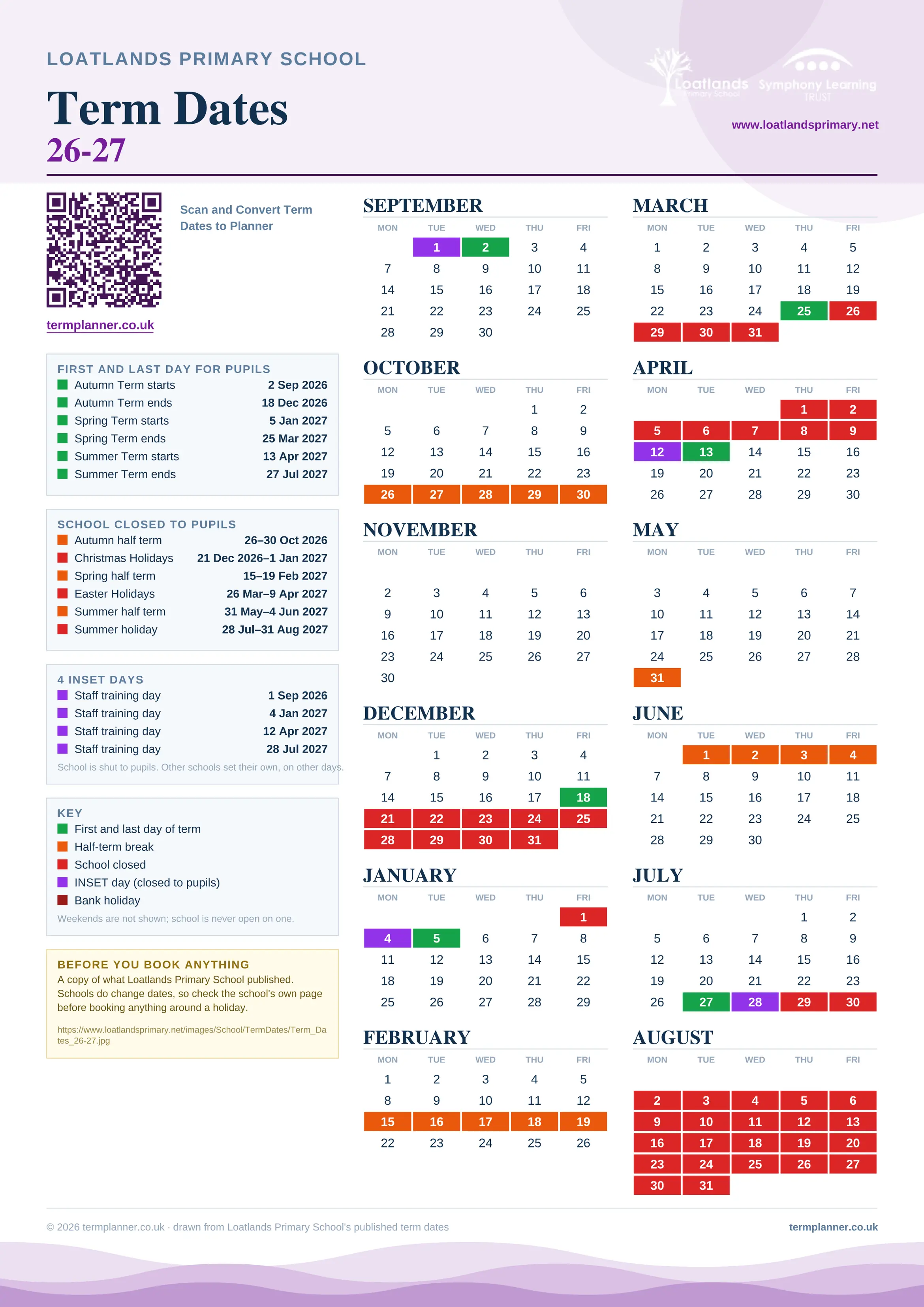 Loatlands Primary School’s 2026/27 school year drawn as one sheet: twelve month grids from September to August, Monday to Friday, with autumn term 2 September to 18 December 2026, spring term 5 January to 25 March 2027, summer term 13 April to 27 July 2027. Half terms, holidays and bank holidays are filled in colour, the first and last day of each term is marked, 4 INSET days are picked out, and every date is listed again in words down the left.