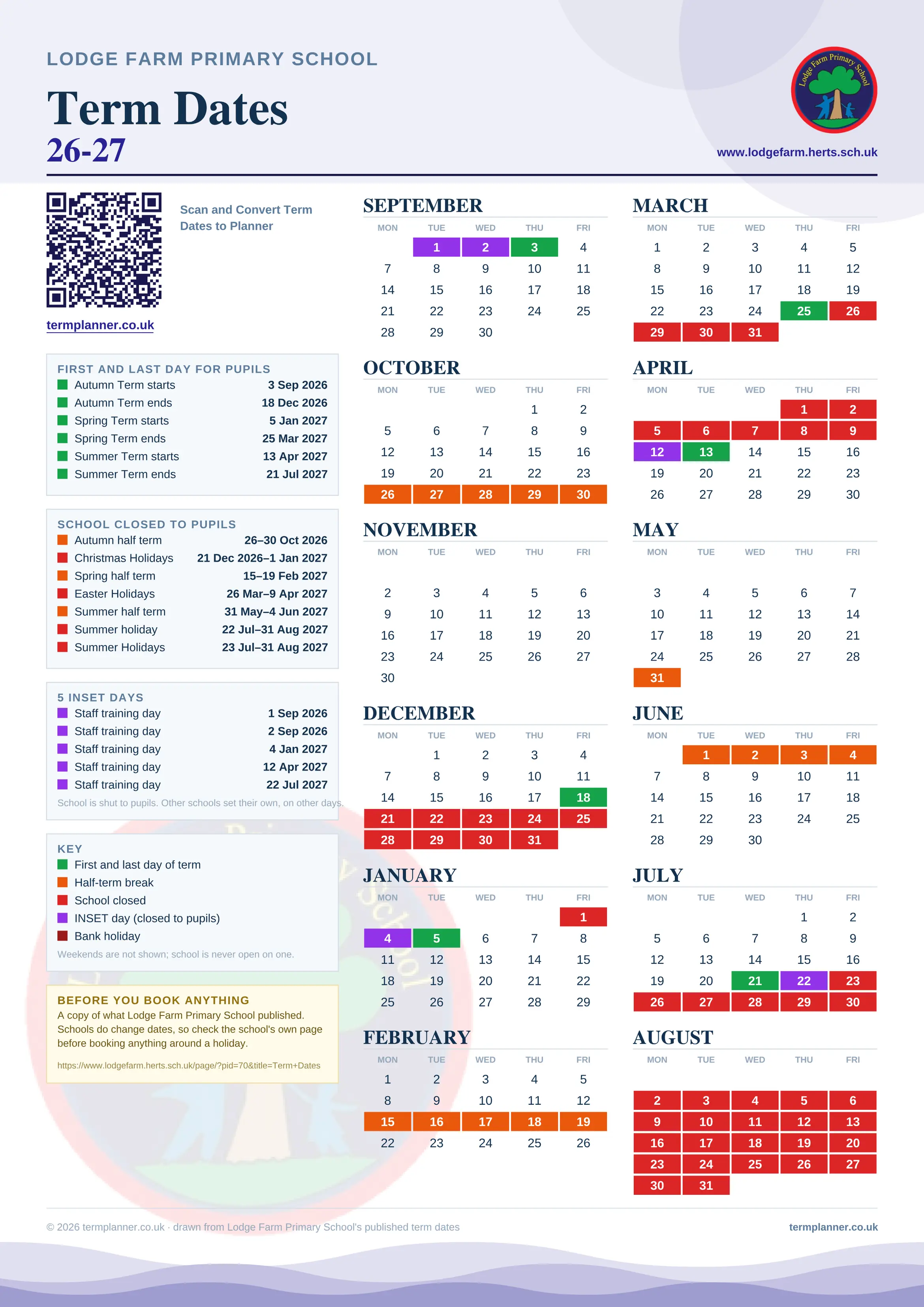 Lodge Farm Primary School’s 2026/27 school year drawn as one sheet: twelve month grids from September to August, Monday to Friday, with autumn term 3 September to 18 December 2026, spring term 5 January to 25 March 2027, summer term 13 April to 21 July 2027. Half terms, holidays and bank holidays are filled in colour, the first and last day of each term is marked, 5 INSET days are picked out, and every date is listed again in words down the left.