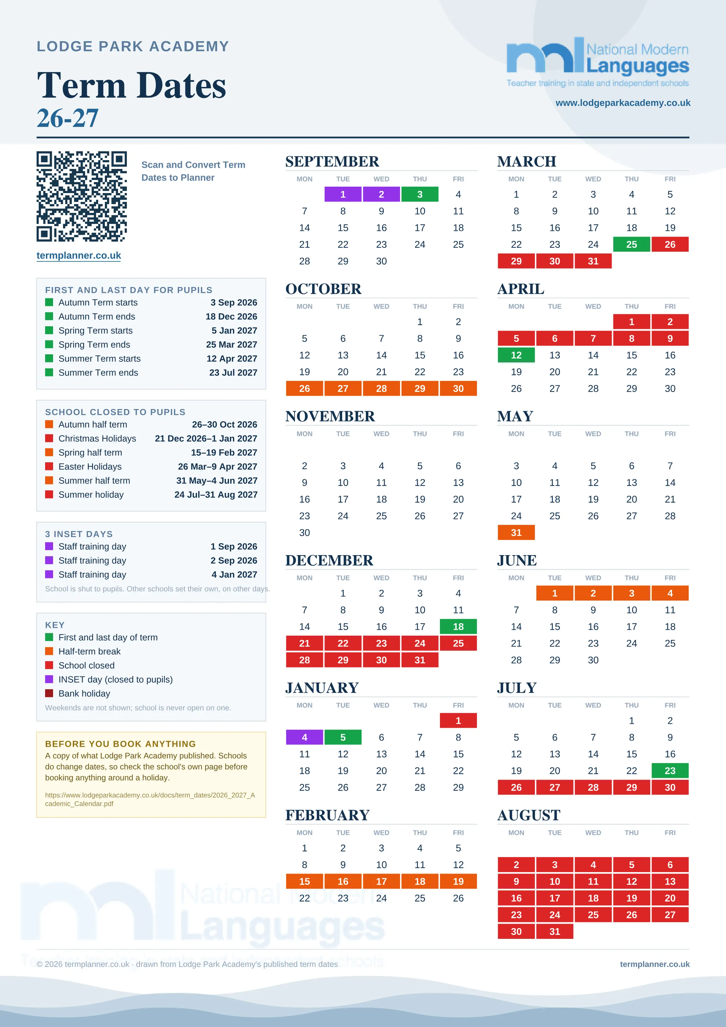 Lodge Park Academy’s 2026/27 school year drawn as one sheet: twelve month grids from September to August, Monday to Friday, with autumn term 3 September to 18 December 2026, spring term 5 January to 25 March 2027, summer term 12 April to 23 July 2027. Half terms, holidays and bank holidays are filled in colour, the first and last day of each term is marked, 3 INSET days are picked out, and every date is listed again in words down the left.