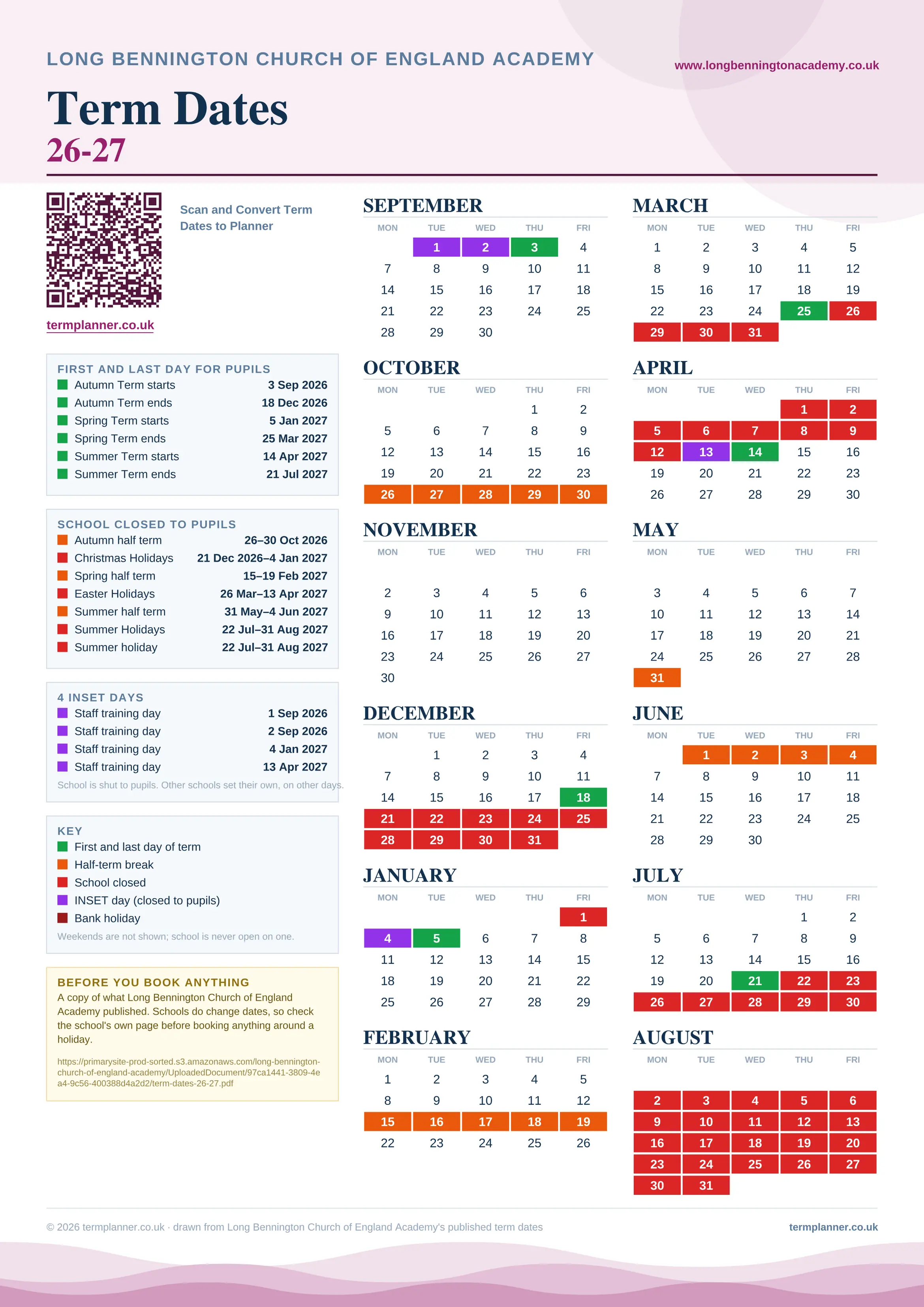 Long Bennington Church of England Academy’s 2026/27 school year drawn as one sheet: twelve month grids from September to August, Monday to Friday, with autumn term 3 September to 18 December 2026, spring term 5 January to 25 March 2027, summer term 14 April to 21 July 2027. Half terms, holidays and bank holidays are filled in colour, the first and last day of each term is marked, 4 INSET days are picked out, and every date is listed again in words down the left.