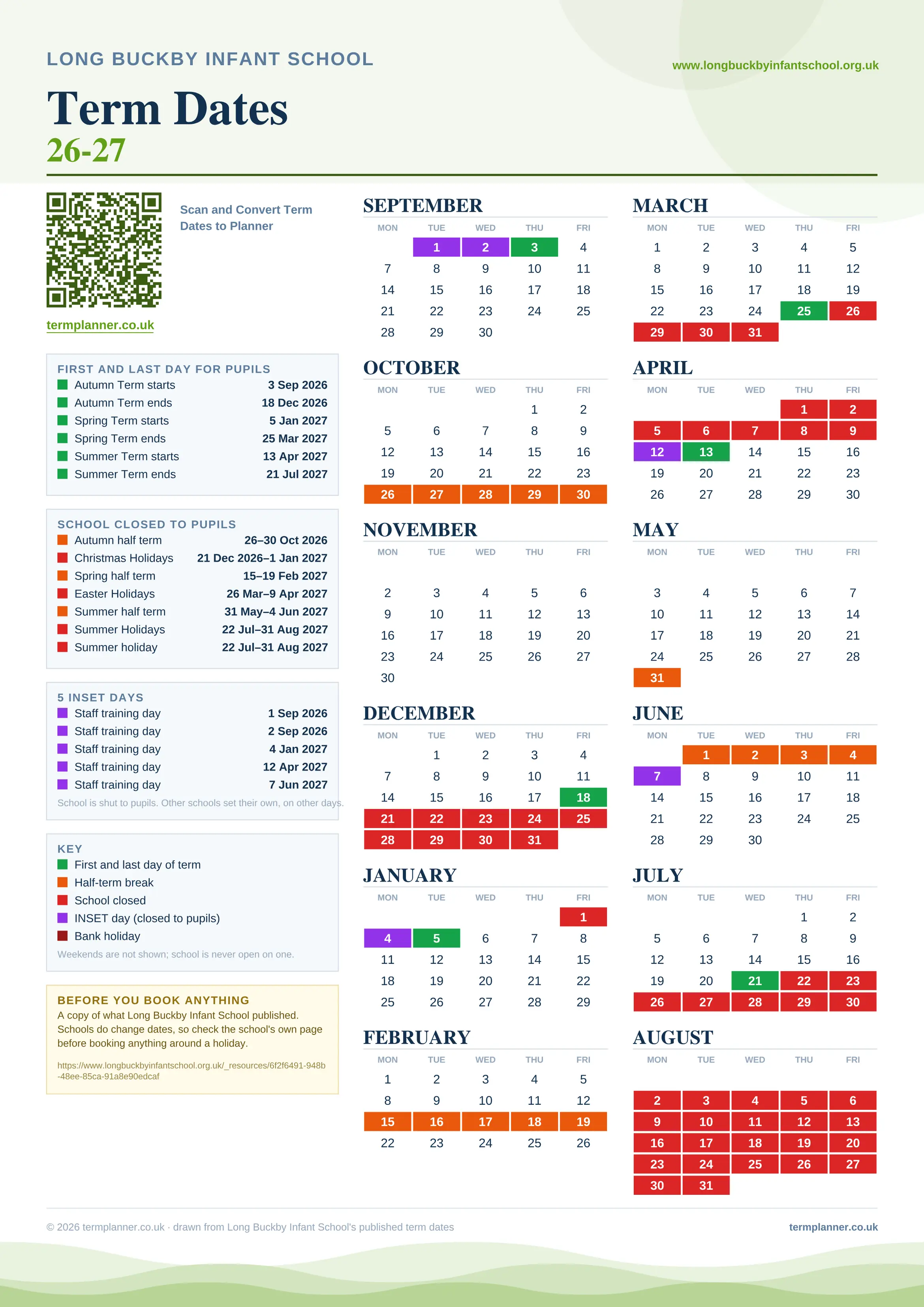 Long Buckby Infant School’s 2026/27 school year drawn as one sheet: twelve month grids from September to August, Monday to Friday, with autumn term 3 September to 18 December 2026, spring term 5 January to 25 March 2027, summer term 13 April to 21 July 2027. Half terms, holidays and bank holidays are filled in colour, the first and last day of each term is marked, 5 INSET days are picked out, and every date is listed again in words down the left.
