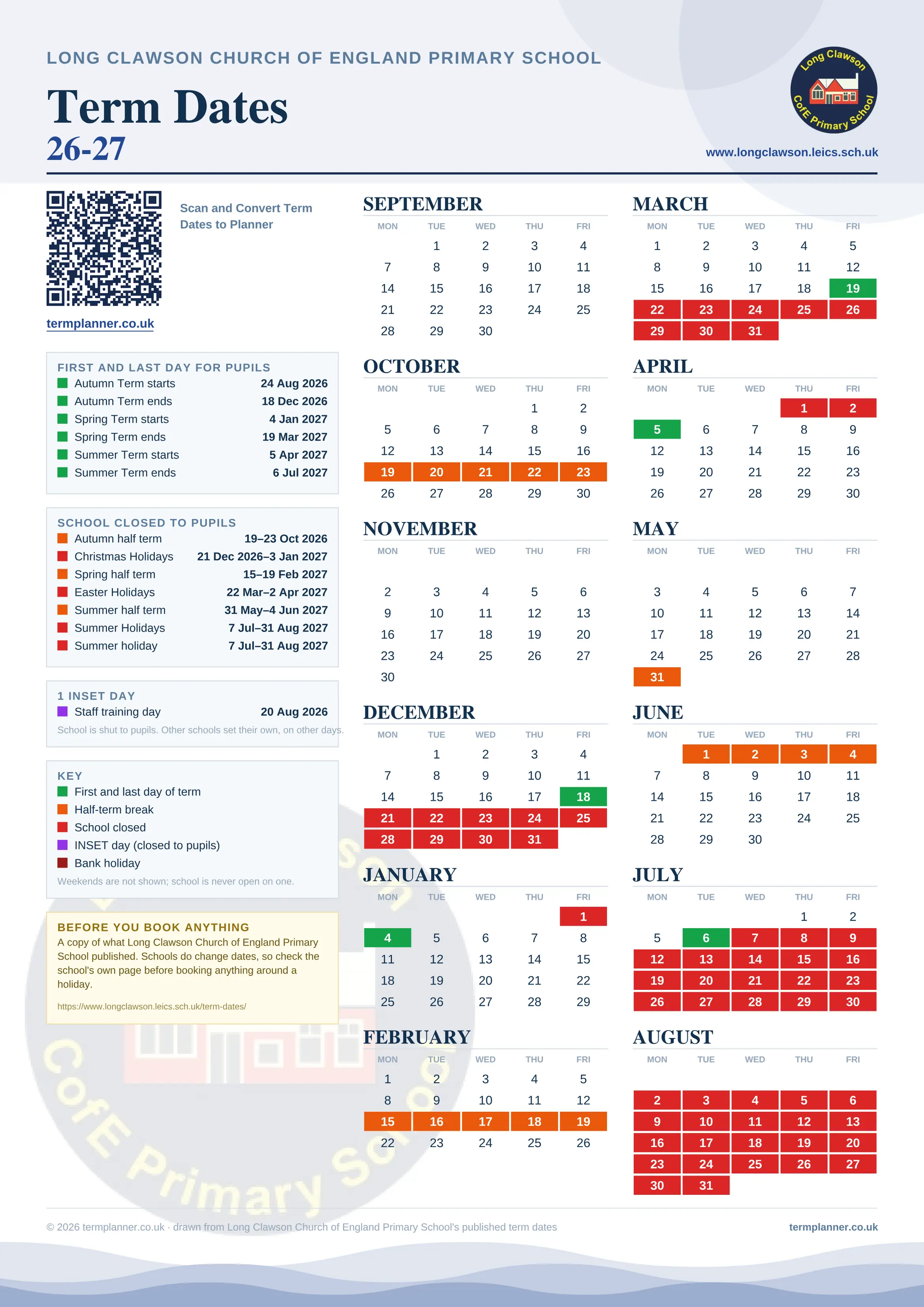 Long Clawson Church of England Primary School’s 2026/27 school year drawn as one sheet: twelve month grids from September to August, Monday to Friday, with autumn term 24 August to 18 December 2026, spring term 4 January to 19 March 2027, summer term 5 April to 6 July 2027. Half terms, holidays and bank holidays are filled in colour, the first and last day of each term is marked, 1 INSET day is picked out, and every date is listed again in words down the left.