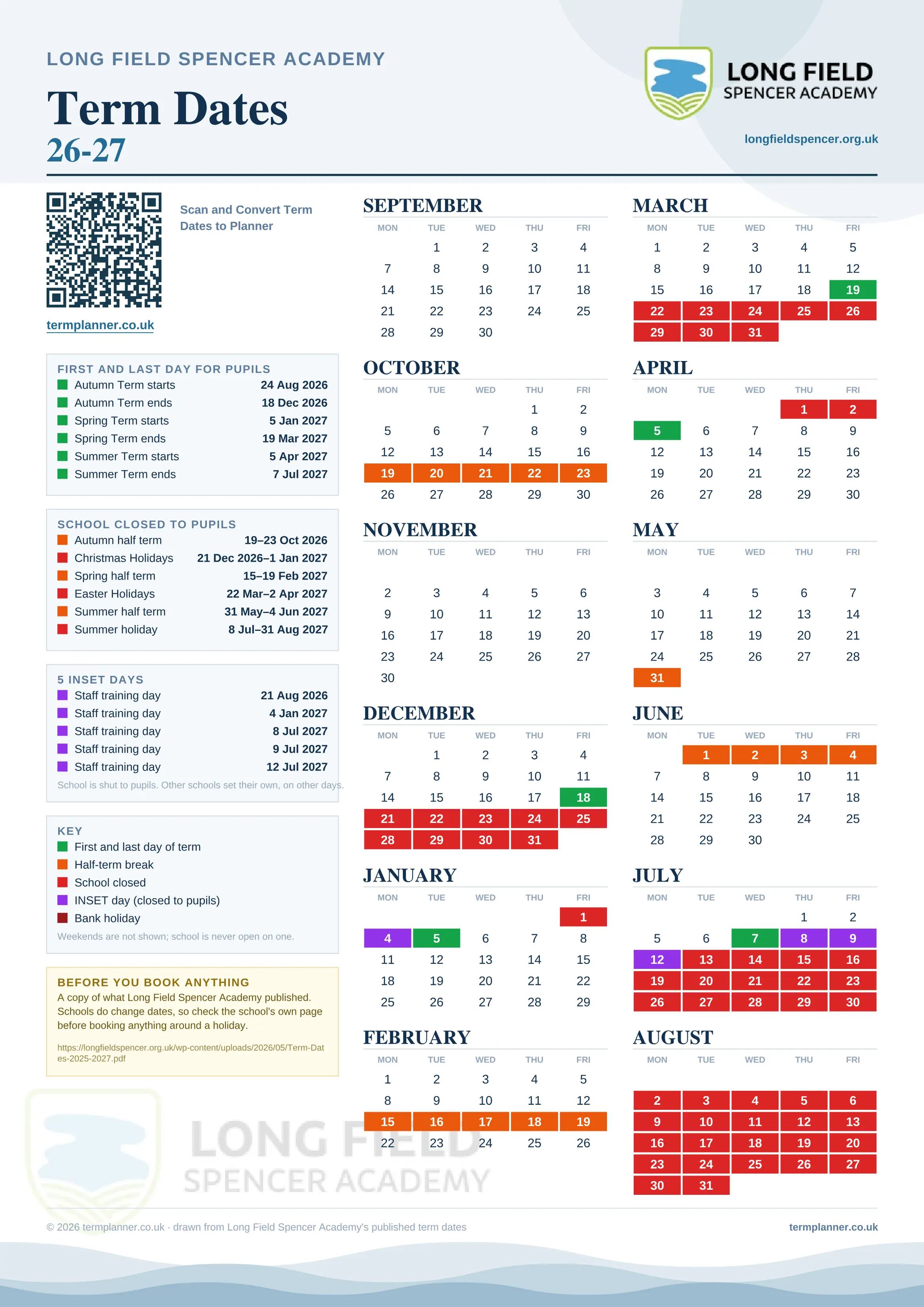 Long Field Spencer Academy’s 2026/27 school year drawn as one sheet: twelve month grids from September to August, Monday to Friday, with autumn term 24 August to 18 December 2026, spring term 5 January to 19 March 2027, summer term 5 April to 7 July 2027. Half terms, holidays and bank holidays are filled in colour, the first and last day of each term is marked, 5 INSET days are picked out, and every date is listed again in words down the left.