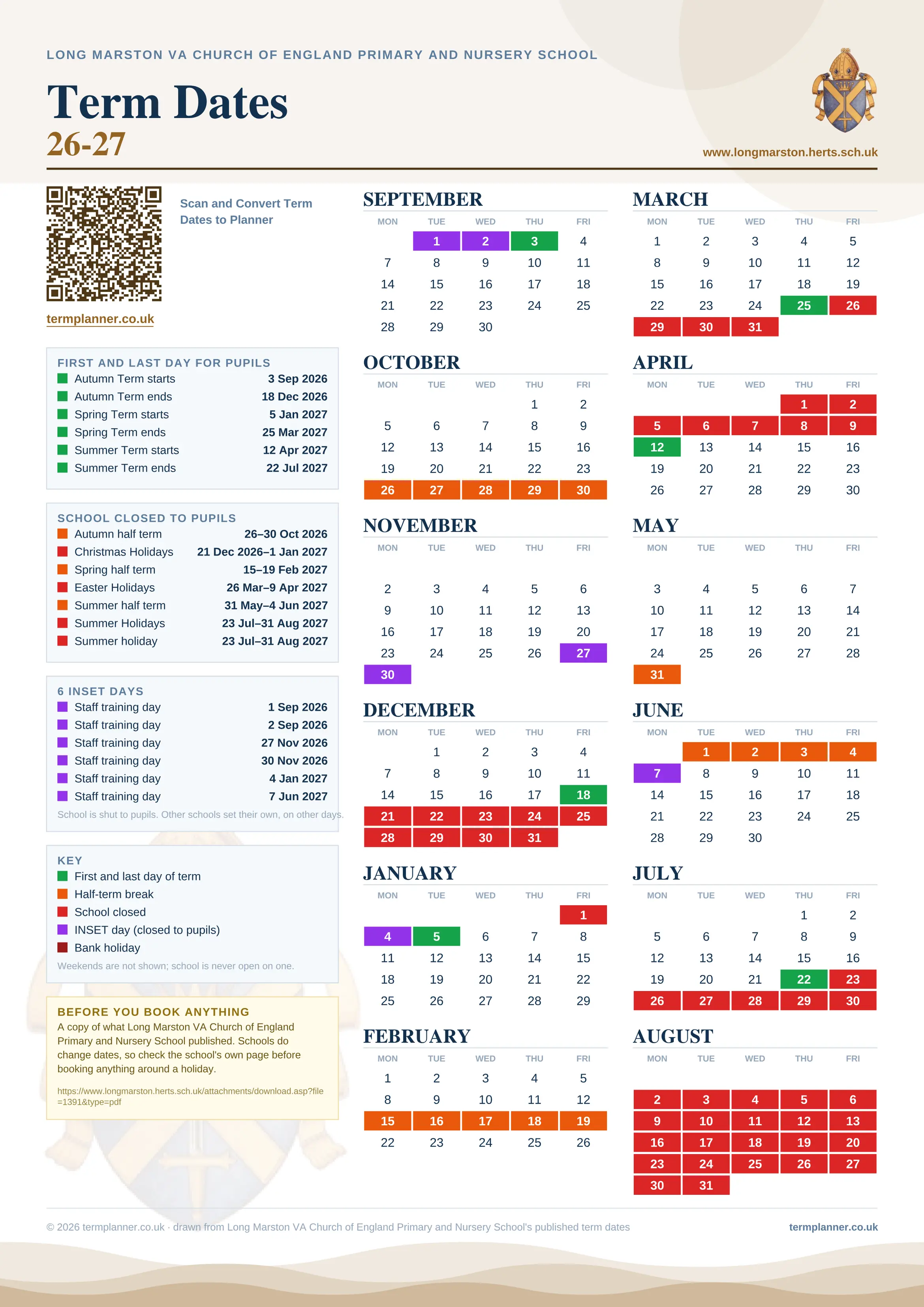 Long Marston VA Church of England Primary and Nursery School’s 2026/27 school year drawn as one sheet: twelve month grids from September to August, Monday to Friday, with autumn term 3 September to 18 December 2026, spring term 5 January to 25 March 2027, summer term 12 April to 22 July 2027. Half terms, holidays and bank holidays are filled in colour, the first and last day of each term is marked, 6 INSET days are picked out, and every date is listed again in words down the left.