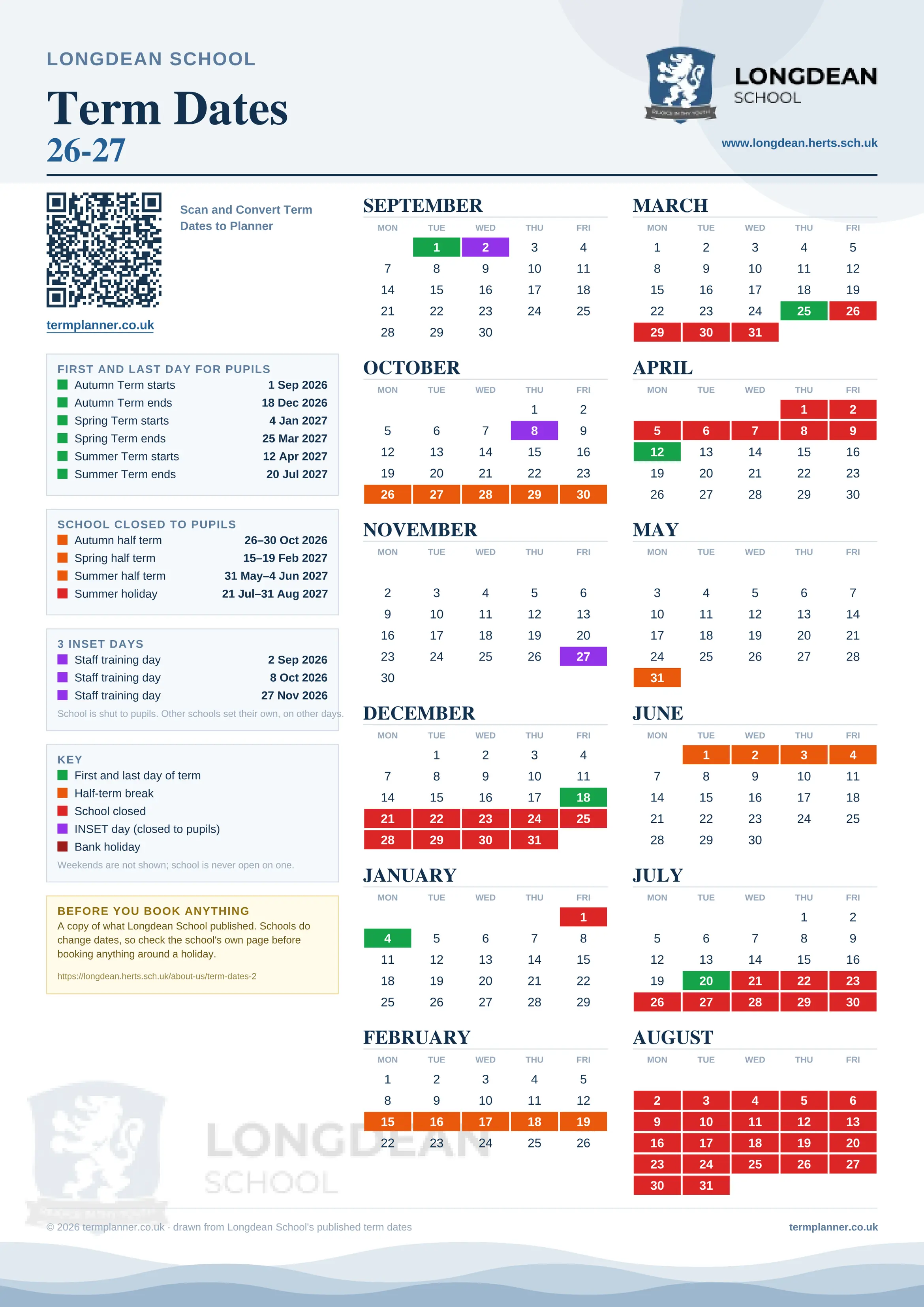 Longdean School’s 2026/27 school year drawn as one sheet: twelve month grids from September to August, Monday to Friday, with autumn term 1 September to 18 December 2026, spring term 4 January to 25 March 2027, summer term 12 April to 20 July 2027. Half terms, holidays and bank holidays are filled in colour, the first and last day of each term is marked, 3 INSET days are picked out, and every date is listed again in words down the left.