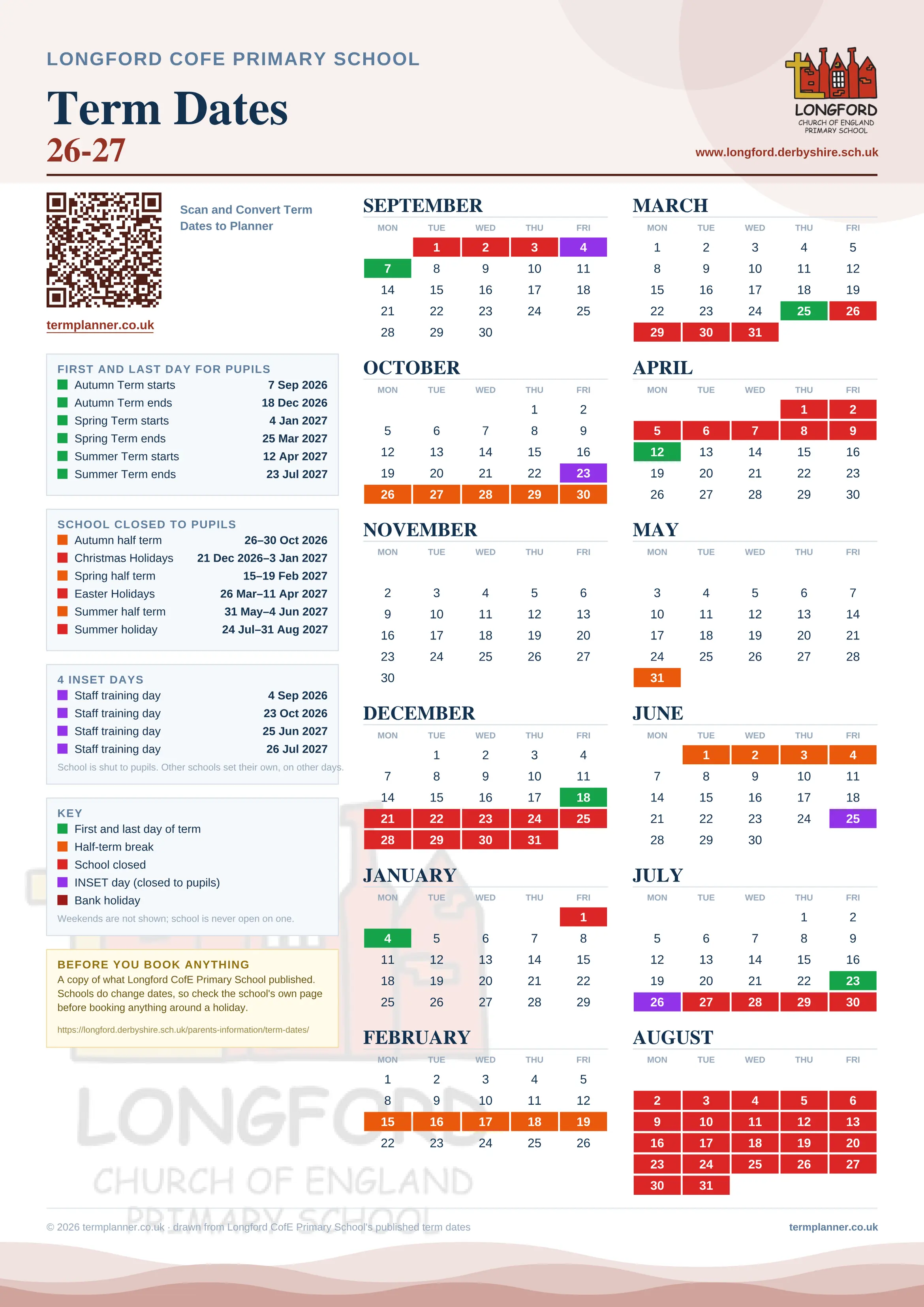 Longford CofE Primary School’s 2026/27 school year drawn as one sheet: twelve month grids from September to August, Monday to Friday, with autumn term 7 September to 18 December 2026, spring term 4 January to 25 March 2027, summer term 12 April to 23 July 2027. Half terms, holidays and bank holidays are filled in colour, the first and last day of each term is marked, 4 INSET days are picked out, and every date is listed again in words down the left.