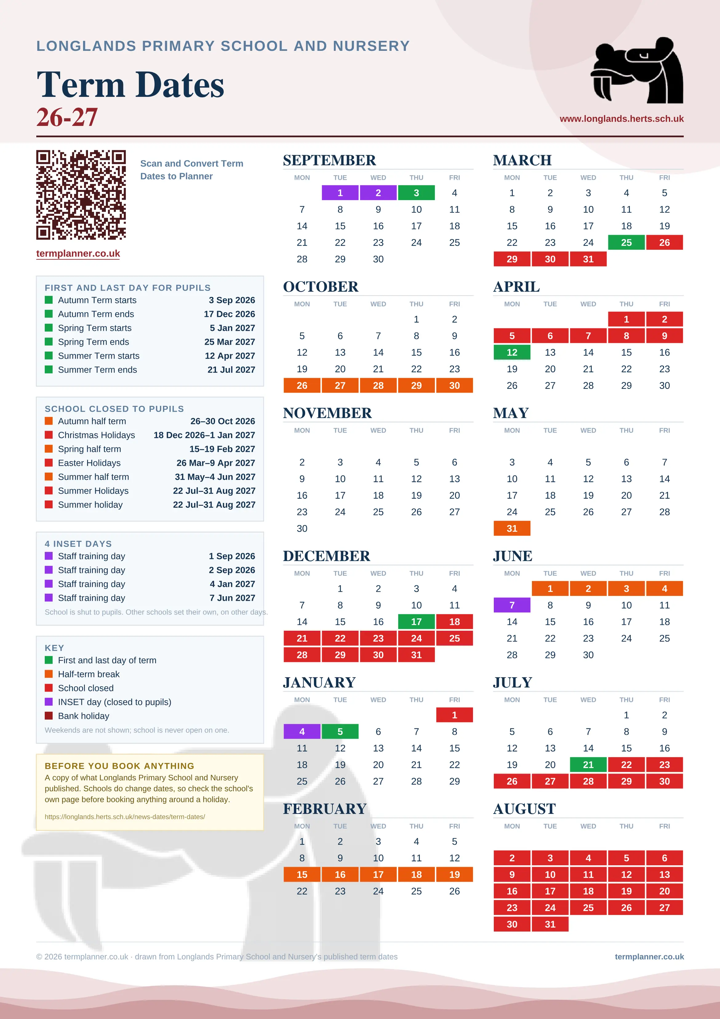 Longlands Primary School and Nursery’s 2026/27 school year drawn as one sheet: twelve month grids from September to August, Monday to Friday, with autumn term 3 September to 17 December 2026, spring term 5 January to 25 March 2027, summer term 12 April to 21 July 2027. Half terms, holidays and bank holidays are filled in colour, the first and last day of each term is marked, 4 INSET days are picked out, and every date is listed again in words down the left.