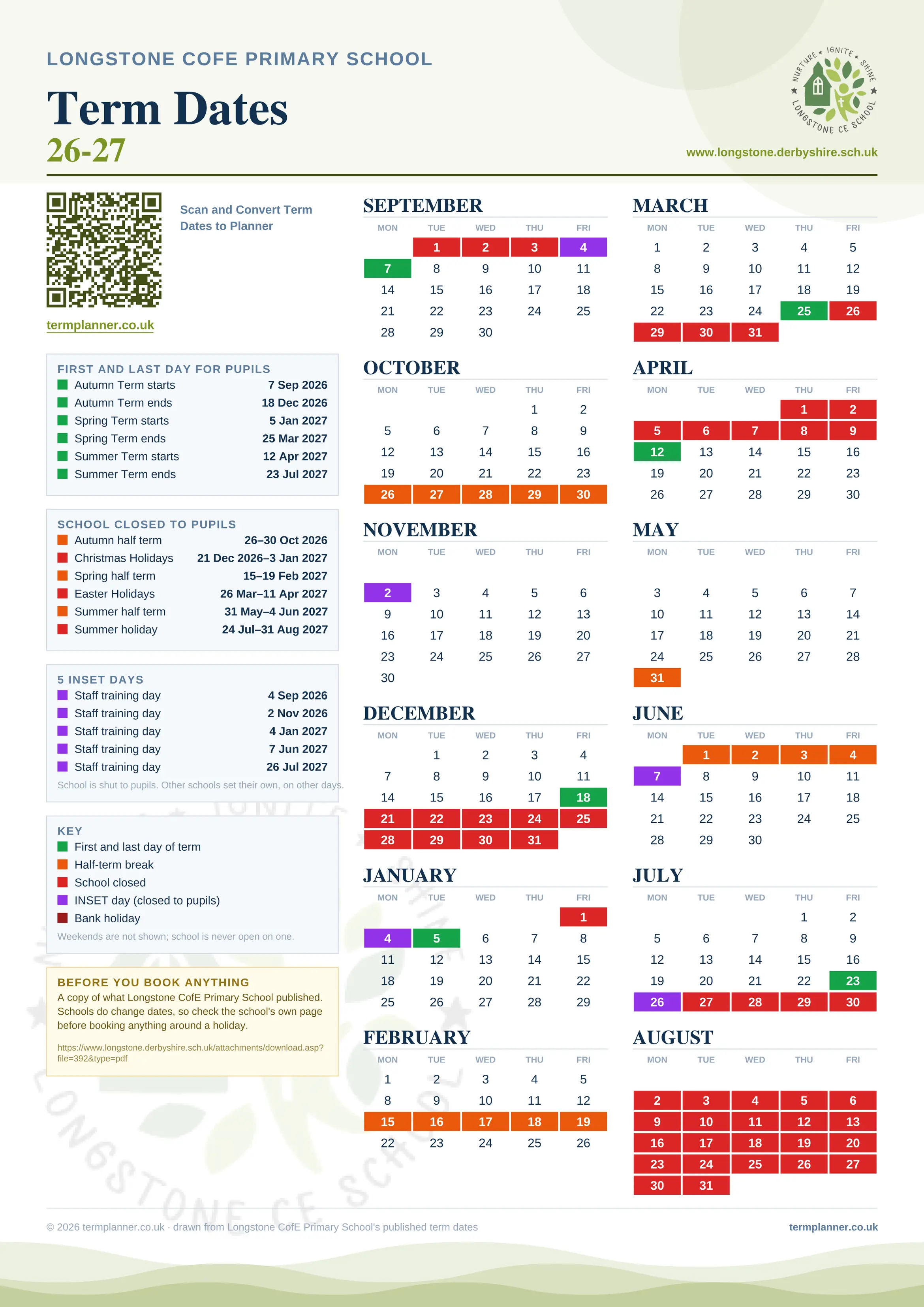 Longstone CofE Primary School’s 2026/27 school year drawn as one sheet: twelve month grids from September to August, Monday to Friday, with autumn term 7 September to 18 December 2026, spring term 5 January to 25 March 2027, summer term 12 April to 23 July 2027. Half terms, holidays and bank holidays are filled in colour, the first and last day of each term is marked, 5 INSET days are picked out, and every date is listed again in words down the left.
