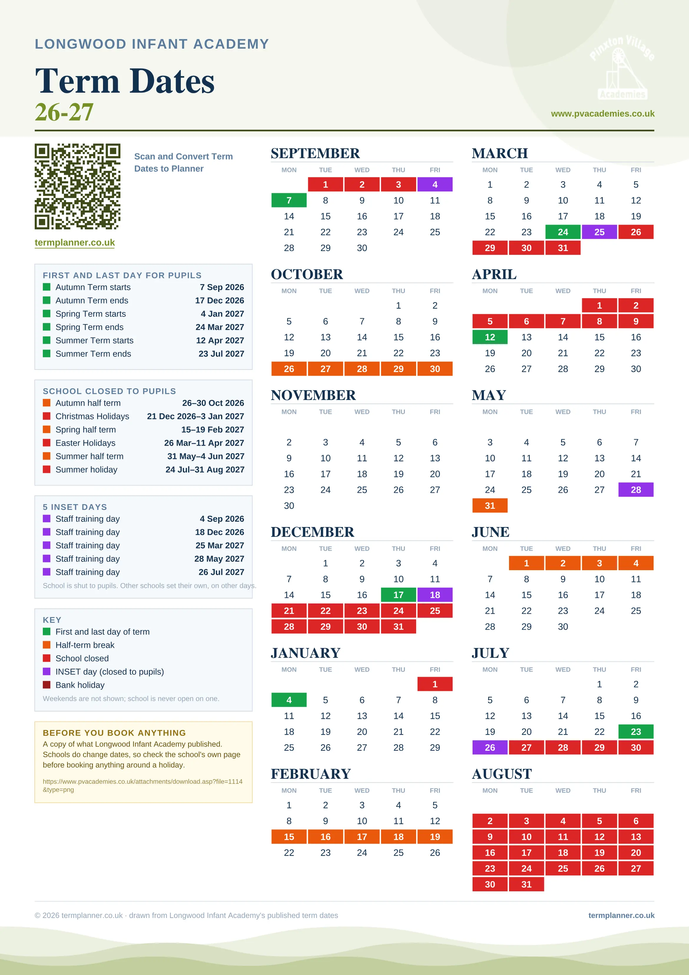Longwood Infant Academy’s 2026/27 school year drawn as one sheet: twelve month grids from September to August, Monday to Friday, with autumn term 7 September to 17 December 2026, spring term 4 January to 24 March 2027, summer term 12 April to 23 July 2027. Half terms, holidays and bank holidays are filled in colour, the first and last day of each term is marked, 5 INSET days are picked out, and every date is listed again in words down the left.