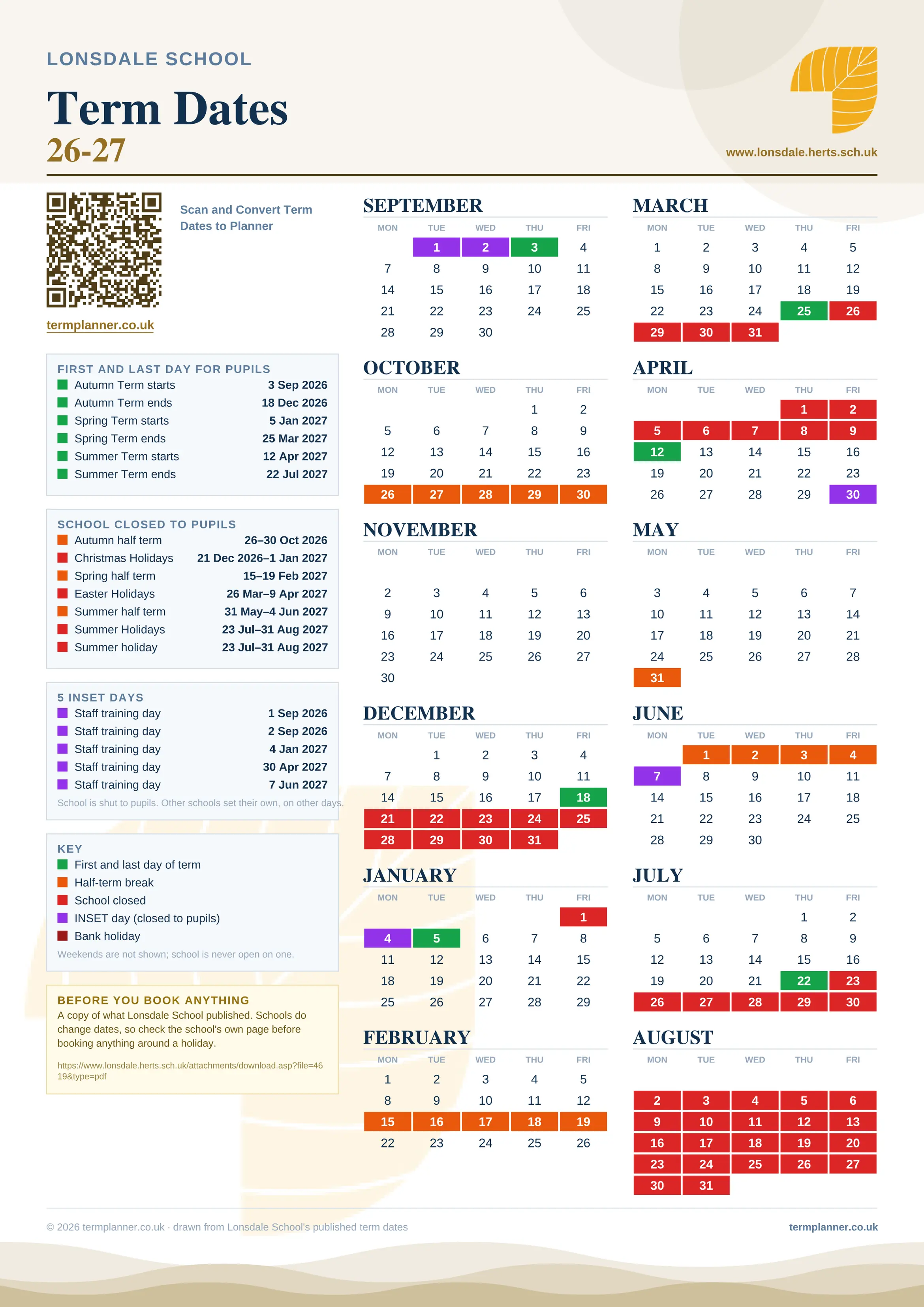 Lonsdale School’s 2026/27 school year drawn as one sheet: twelve month grids from September to August, Monday to Friday, with autumn term 3 September to 18 December 2026, spring term 5 January to 25 March 2027, summer term 12 April to 22 July 2027. Half terms, holidays and bank holidays are filled in colour, the first and last day of each term is marked, 5 INSET days are picked out, and every date is listed again in words down the left.