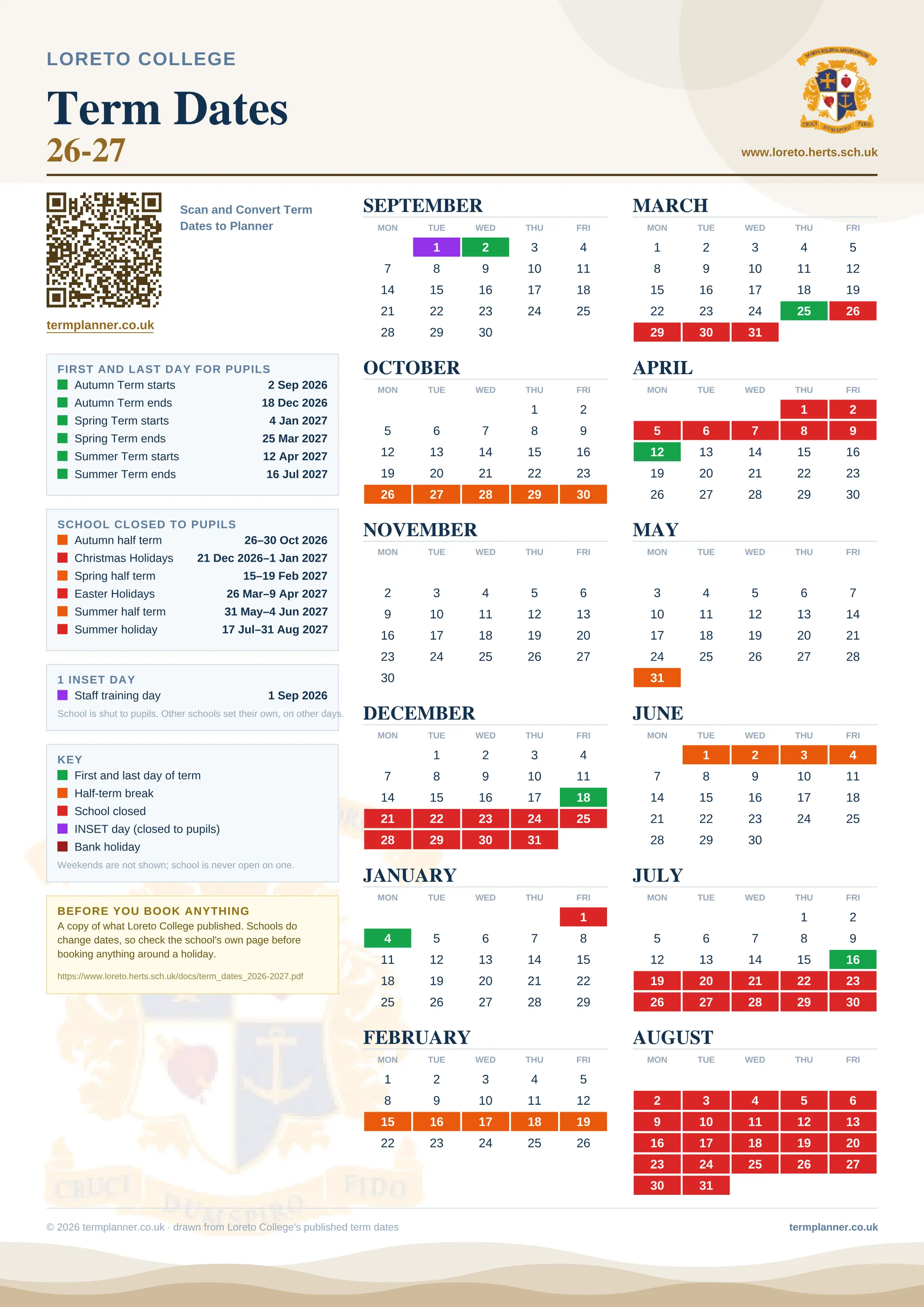 Loreto College’s 2026/27 school year drawn as one sheet: twelve month grids from September to August, Monday to Friday, with autumn term 2 September to 18 December 2026, spring term 4 January to 25 March 2027, summer term 12 April to 16 July 2027. Half terms, holidays and bank holidays are filled in colour, the first and last day of each term is marked, 1 INSET day is picked out, and every date is listed again in words down the left.