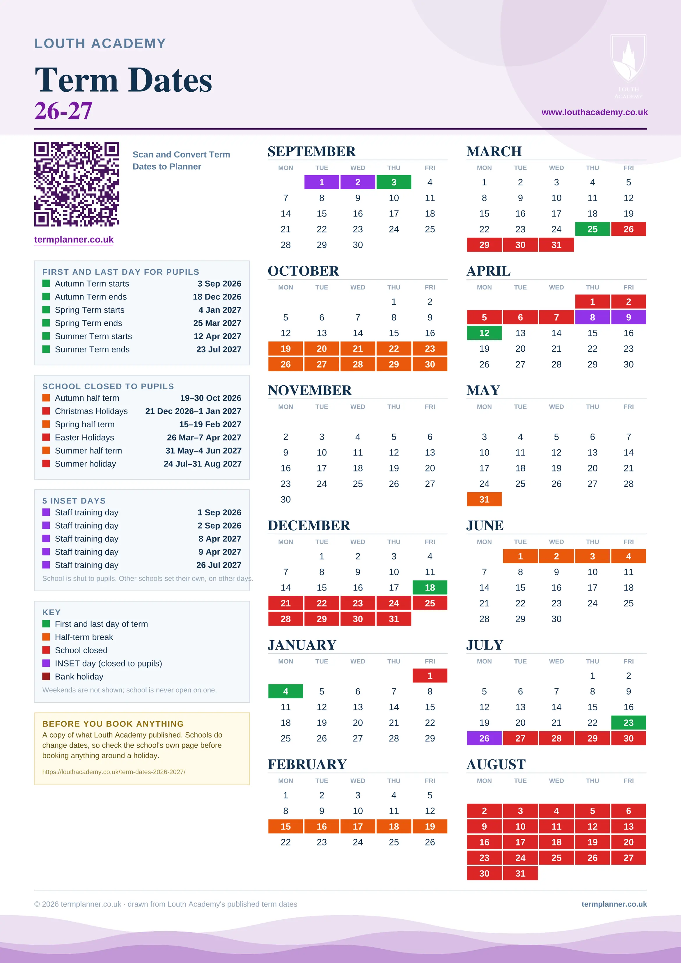 Louth Academy’s 2026/27 school year drawn as one sheet: twelve month grids from September to August, Monday to Friday, with autumn term 3 September to 18 December 2026, spring term 4 January to 25 March 2027, summer term 12 April to 23 July 2027. Half terms, holidays and bank holidays are filled in colour, the first and last day of each term is marked, 5 INSET days are picked out, and every date is listed again in words down the left.