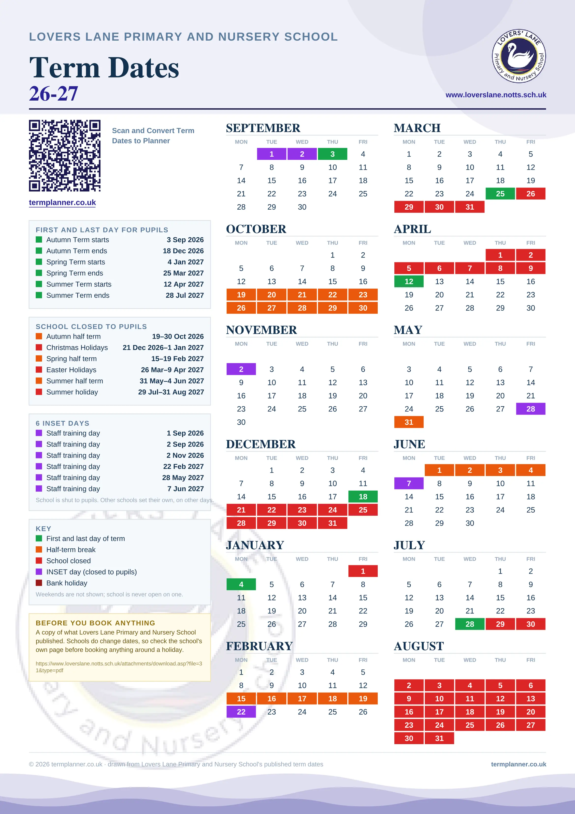 Lovers Lane Primary and Nursery School’s 2026/27 school year drawn as one sheet: twelve month grids from September to August, Monday to Friday, with autumn term 3 September to 18 December 2026, spring term 4 January to 25 March 2027, summer term 12 April to 28 July 2027. Half terms, holidays and bank holidays are filled in colour, the first and last day of each term is marked, 6 INSET days are picked out, and every date is listed again in words down the left.