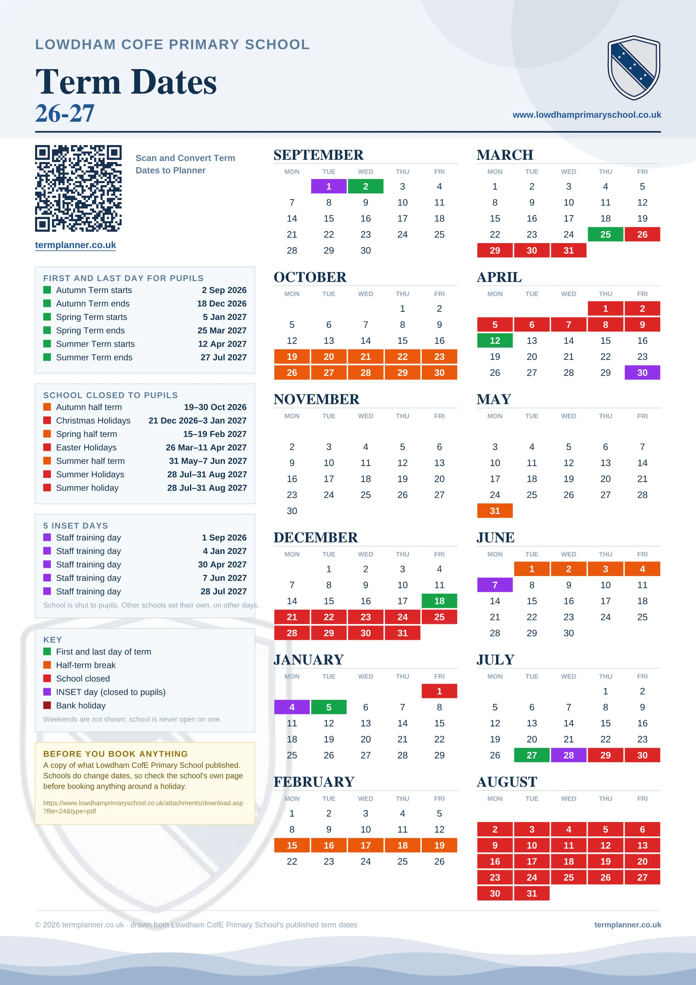 Lowdham CofE Primary School’s 2026/27 school year drawn as one sheet: twelve month grids from September to August, Monday to Friday, with autumn term 2 September to 18 December 2026, spring term 5 January to 25 March 2027, summer term 12 April to 27 July 2027. Half terms, holidays and bank holidays are filled in colour, the first and last day of each term is marked, 5 INSET days are picked out, and every date is listed again in words down the left.