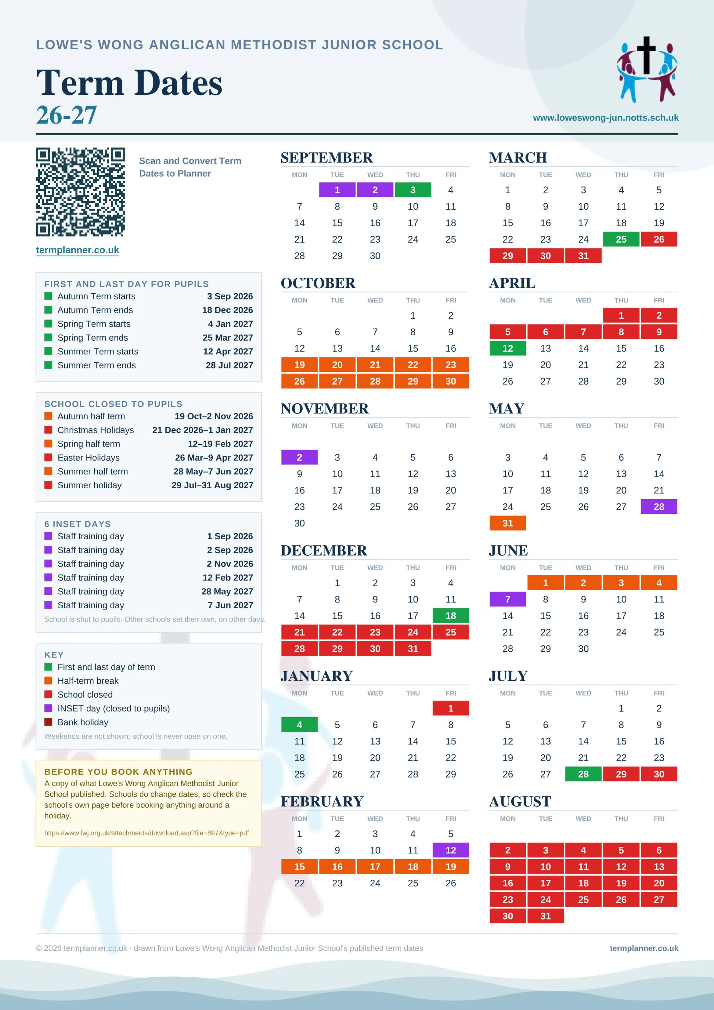 Lowe's Wong Anglican Methodist Junior School’s 2026/27 school year drawn as one sheet: twelve month grids from September to August, Monday to Friday, with autumn term 3 September to 18 December 2026, spring term 4 January to 25 March 2027, summer term 12 April to 28 July 2027. Half terms, holidays and bank holidays are filled in colour, the first and last day of each term is marked, 6 INSET days are picked out, and every date is listed again in words down the left.