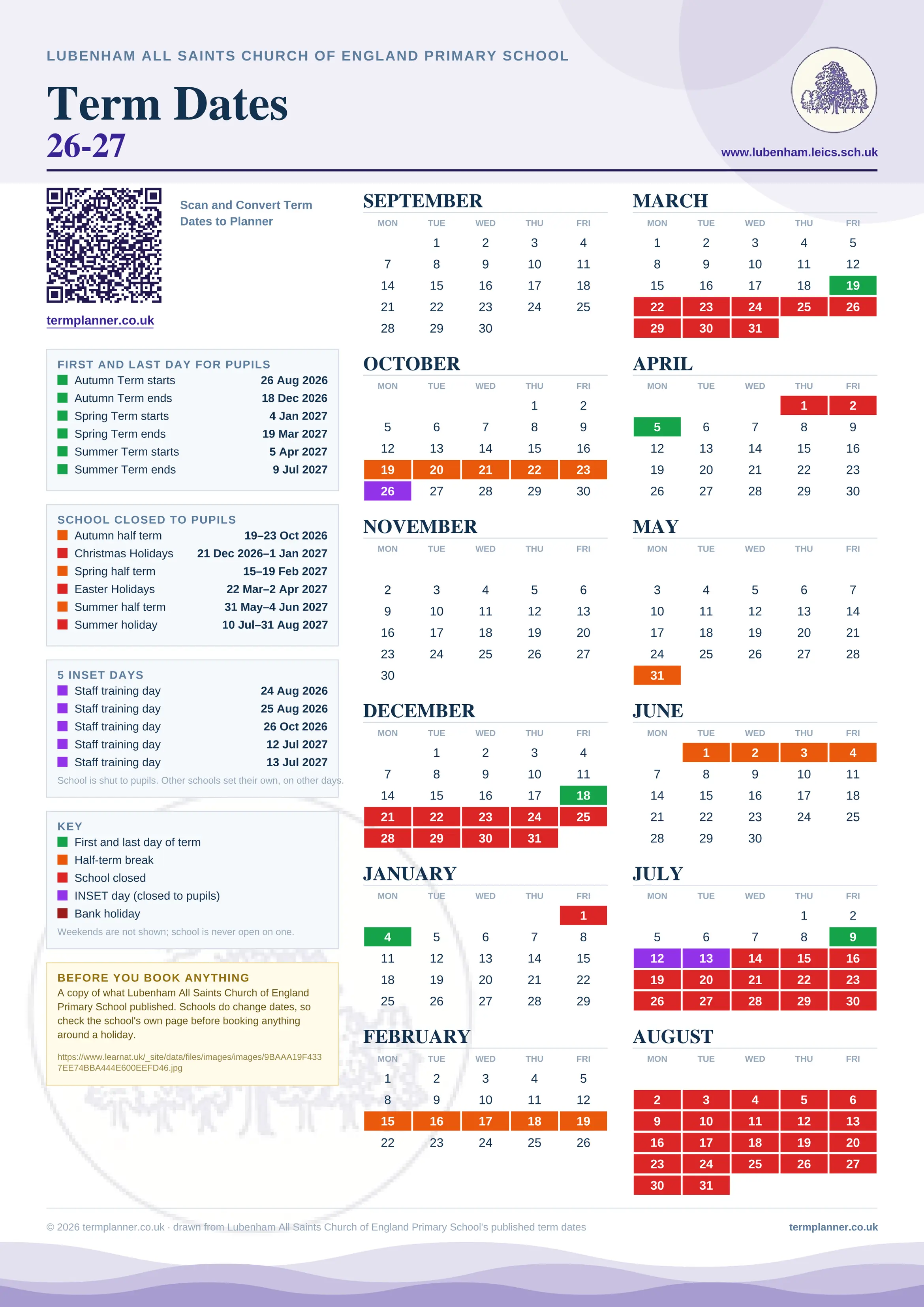 Lubenham All Saints Church of England Primary School’s 2026/27 school year drawn as one sheet: twelve month grids from September to August, Monday to Friday, with autumn term 26 August to 18 December 2026, spring term 4 January to 19 March 2027, summer term 5 April to 9 July 2027. Half terms, holidays and bank holidays are filled in colour, the first and last day of each term is marked, 5 INSET days are picked out, and every date is listed again in words down the left.