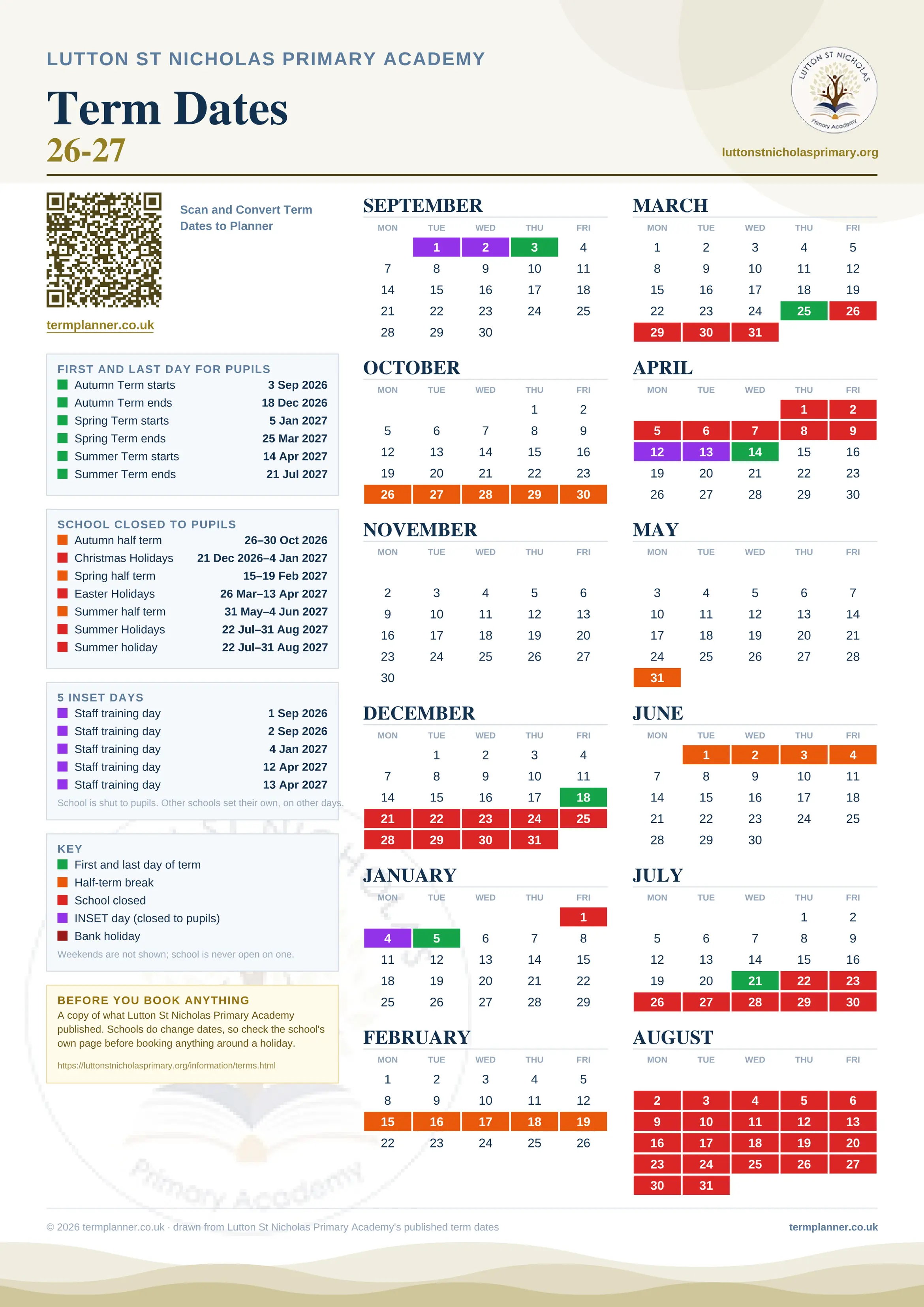 Lutton St Nicholas Primary Academy’s 2026/27 school year drawn as one sheet: twelve month grids from September to August, Monday to Friday, with autumn term 3 September to 18 December 2026, spring term 5 January to 25 March 2027, summer term 14 April to 21 July 2027. Half terms, holidays and bank holidays are filled in colour, the first and last day of each term is marked, 5 INSET days are picked out, and every date is listed again in words down the left.