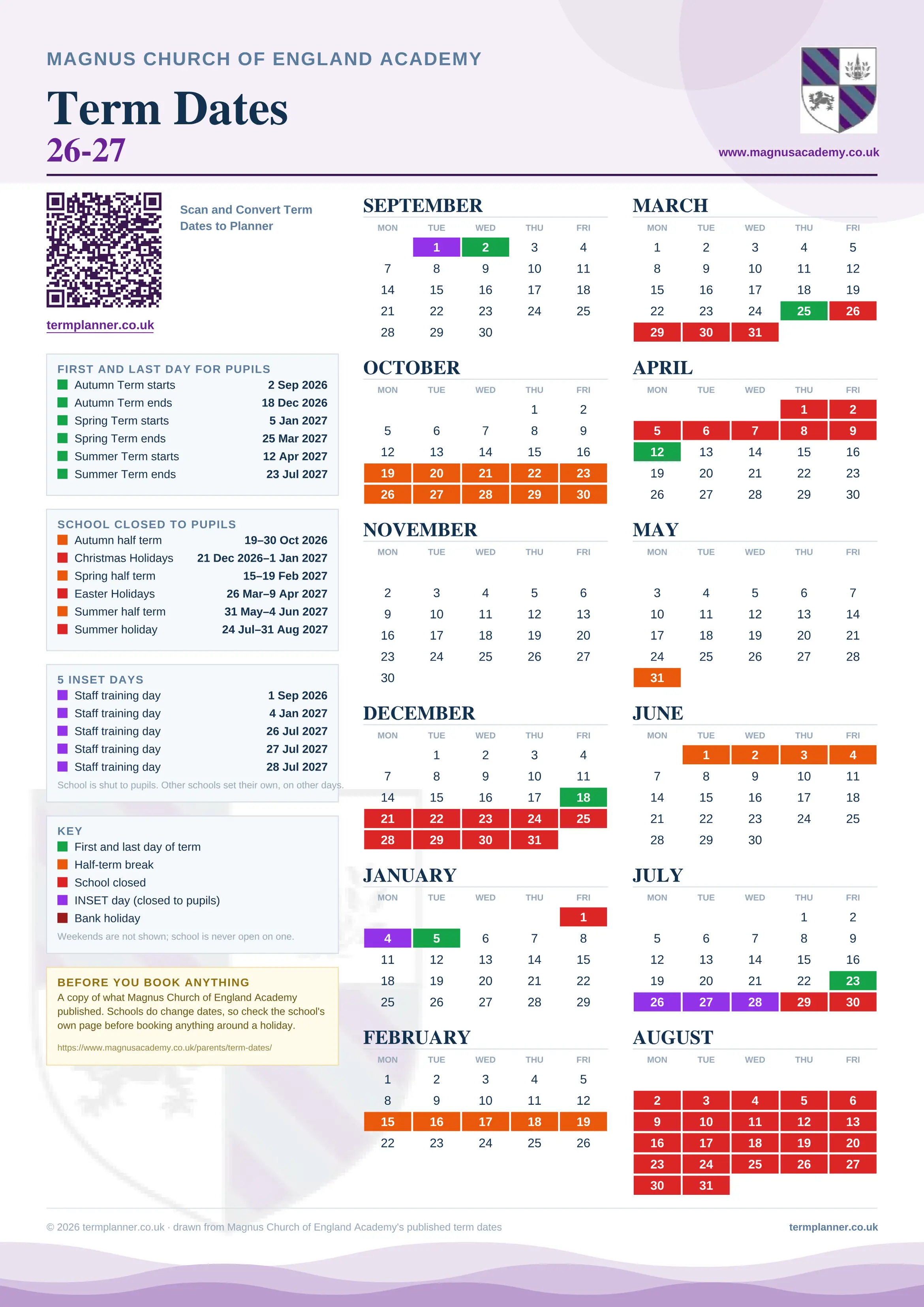 Magnus Church of England Academy’s 2026/27 school year drawn as one sheet: twelve month grids from September to August, Monday to Friday, with autumn term 2 September to 18 December 2026, spring term 5 January to 25 March 2027, summer term 12 April to 23 July 2027. Half terms, holidays and bank holidays are filled in colour, the first and last day of each term is marked, 5 INSET days are picked out, and every date is listed again in words down the left.