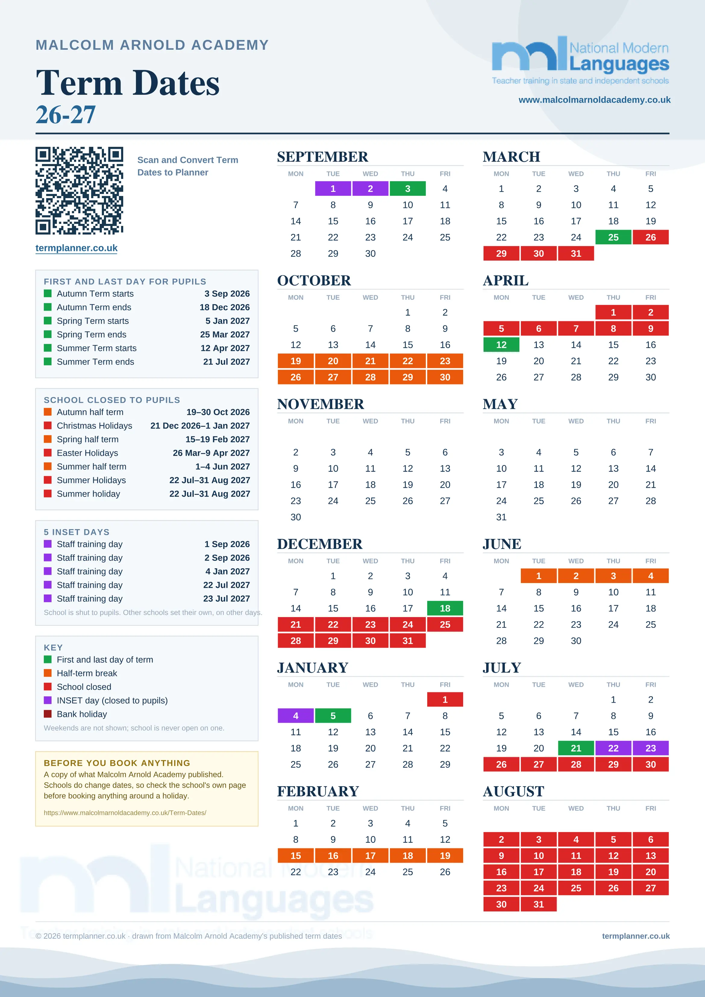 Malcolm Arnold Academy’s 2026/27 school year drawn as one sheet: twelve month grids from September to August, Monday to Friday, with autumn term 3 September to 18 December 2026, spring term 5 January to 25 March 2027, summer term 12 April to 21 July 2027. Half terms, holidays and bank holidays are filled in colour, the first and last day of each term is marked, 5 INSET days are picked out, and every date is listed again in words down the left.