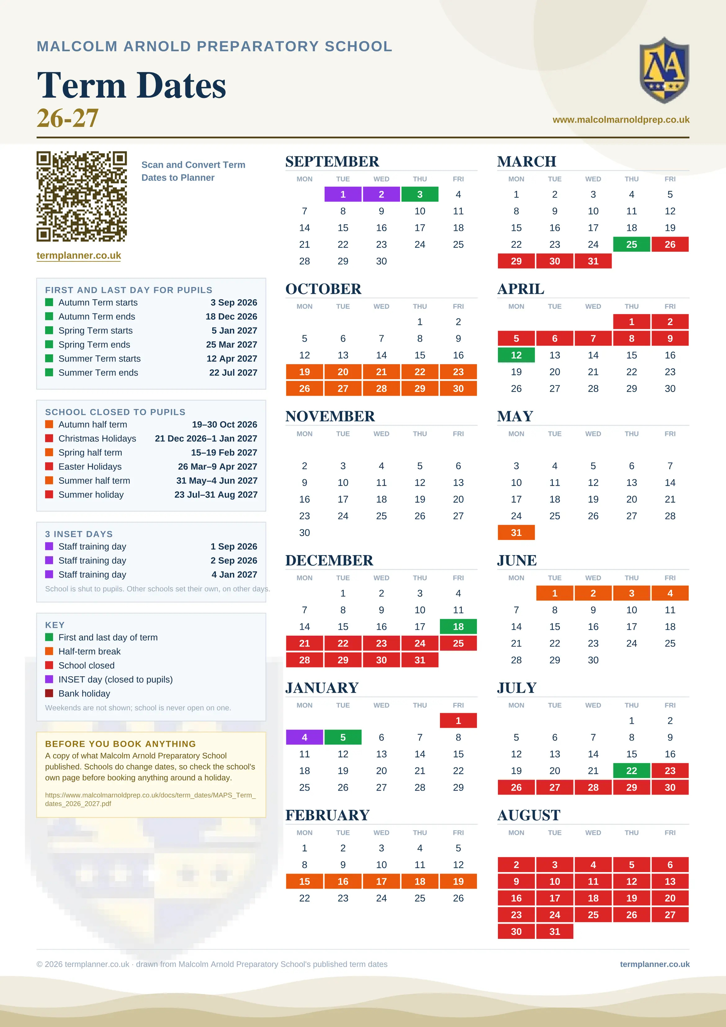 Malcolm Arnold Preparatory School’s 2026/27 school year drawn as one sheet: twelve month grids from September to August, Monday to Friday, with autumn term 3 September to 18 December 2026, spring term 5 January to 25 March 2027, summer term 12 April to 22 July 2027. Half terms, holidays and bank holidays are filled in colour, the first and last day of each term is marked, 3 INSET days are picked out, and every date is listed again in words down the left.