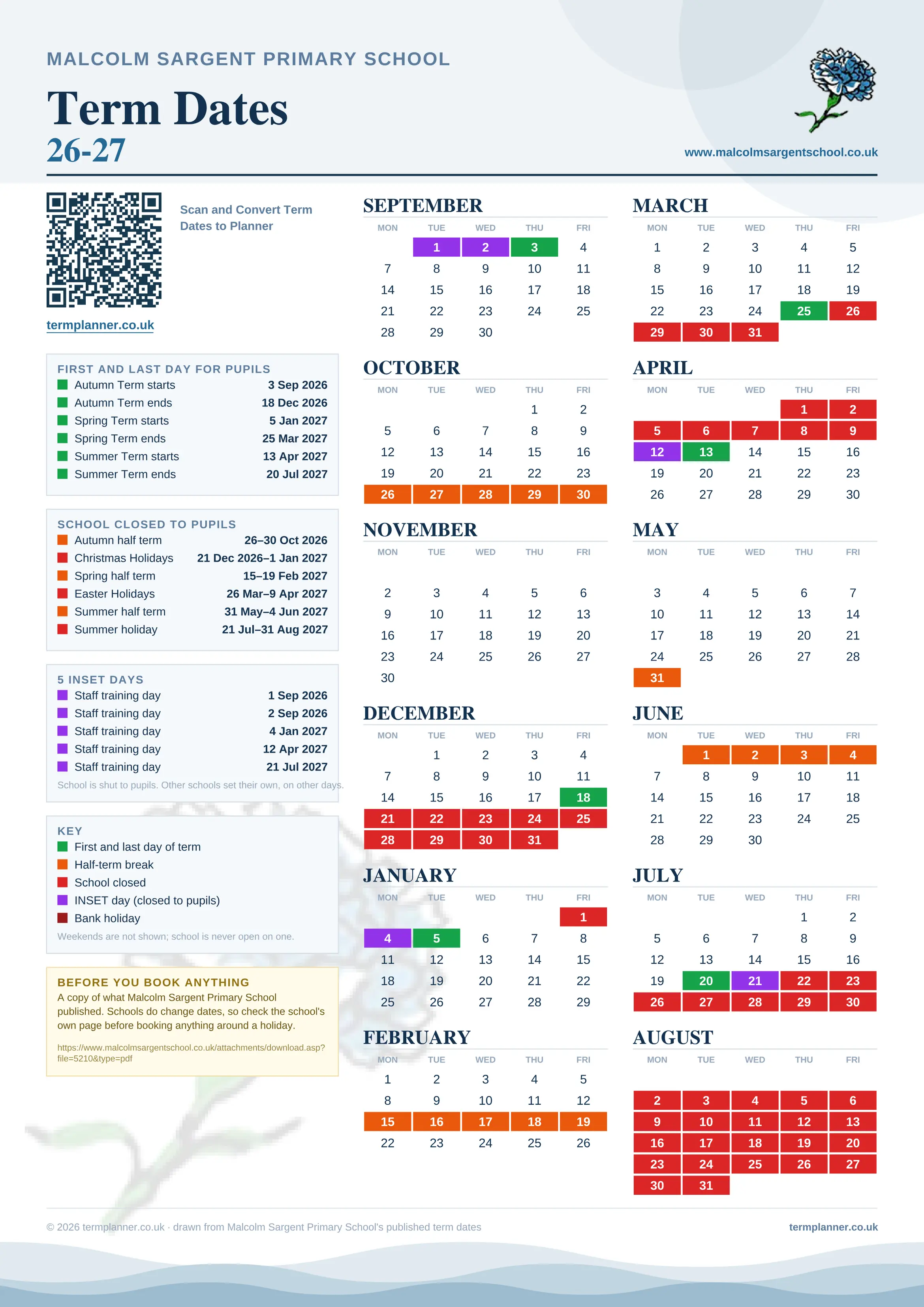 Malcolm Sargent Primary School’s 2026/27 school year drawn as one sheet: twelve month grids from September to August, Monday to Friday, with autumn term 3 September to 18 December 2026, spring term 5 January to 25 March 2027, summer term 13 April to 20 July 2027. Half terms, holidays and bank holidays are filled in colour, the first and last day of each term is marked, 5 INSET days are picked out, and every date is listed again in words down the left.