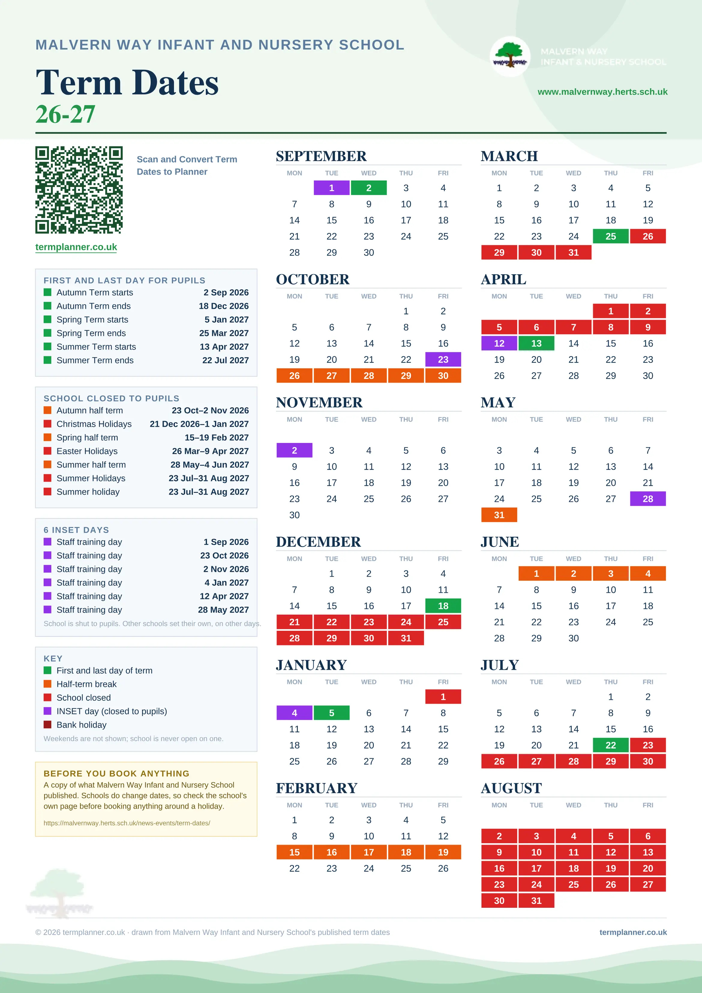 Malvern Way Infant and Nursery School’s 2026/27 school year drawn as one sheet: twelve month grids from September to August, Monday to Friday, with autumn term 2 September to 18 December 2026, spring term 5 January to 25 March 2027, summer term 13 April to 22 July 2027. Half terms, holidays and bank holidays are filled in colour, the first and last day of each term is marked, 6 INSET days are picked out, and every date is listed again in words down the left.
