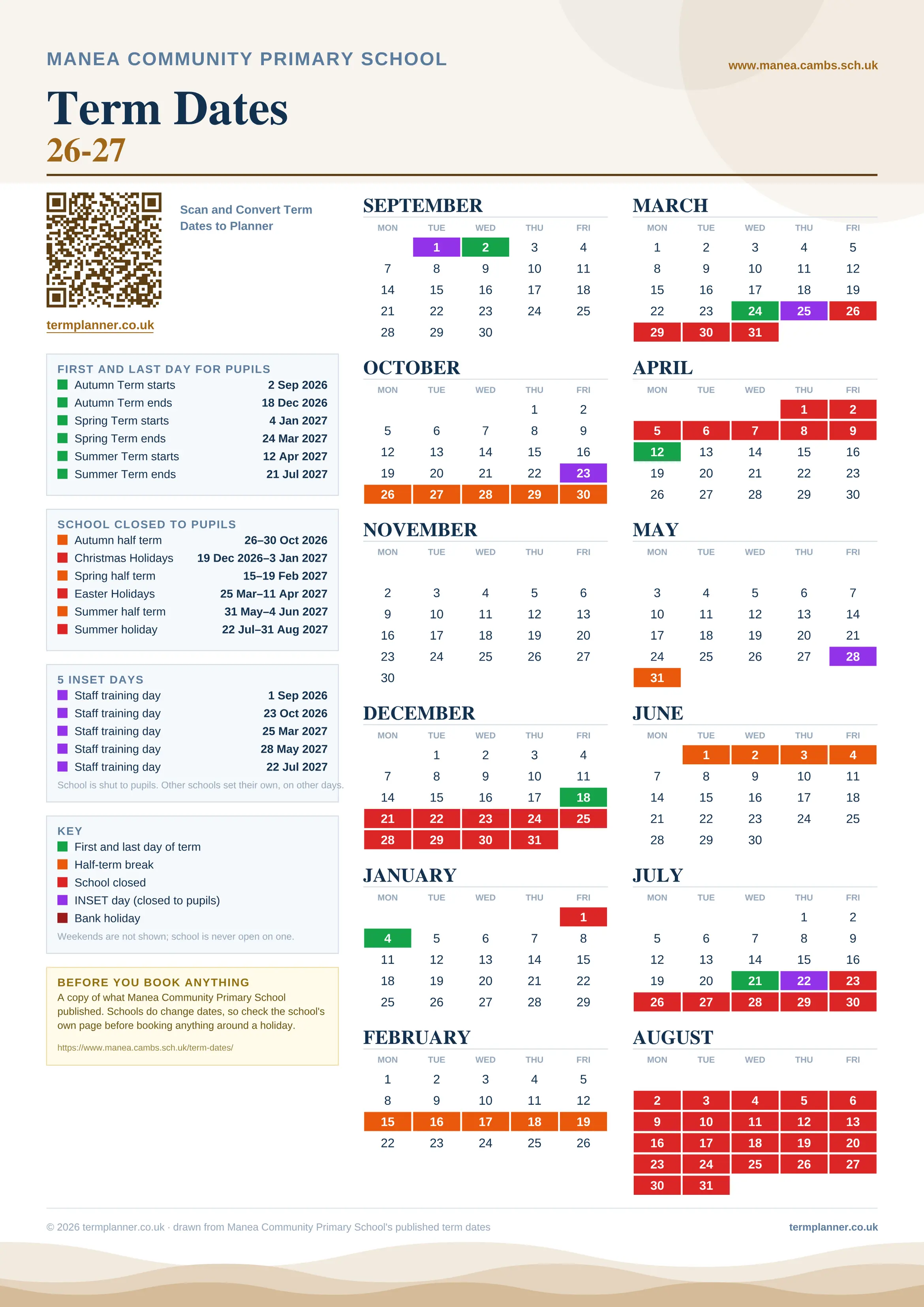 Manea Community Primary School’s 2026/27 school year drawn as one sheet: twelve month grids from September to August, Monday to Friday, with autumn term 2 September to 18 December 2026, spring term 4 January to 24 March 2027, summer term 12 April to 21 July 2027. Half terms, holidays and bank holidays are filled in colour, the first and last day of each term is marked, 5 INSET days are picked out, and every date is listed again in words down the left.