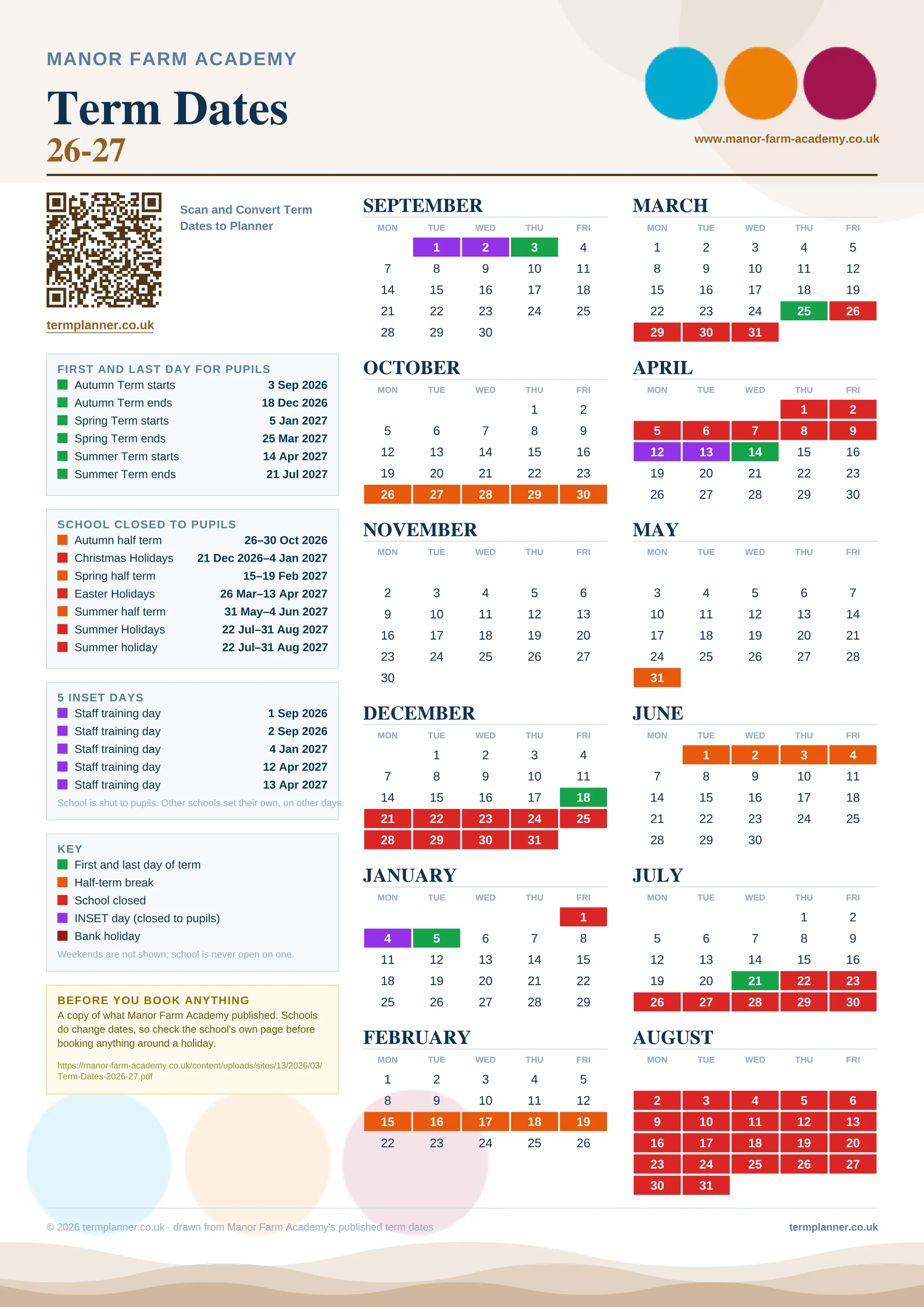 Manor Farm Academy’s 2026/27 school year drawn as one sheet: twelve month grids from September to August, Monday to Friday, with autumn term 3 September to 18 December 2026, spring term 5 January to 25 March 2027, summer term 14 April to 21 July 2027. Half terms, holidays and bank holidays are filled in colour, the first and last day of each term is marked, 5 INSET days are picked out, and every date is listed again in words down the left.
