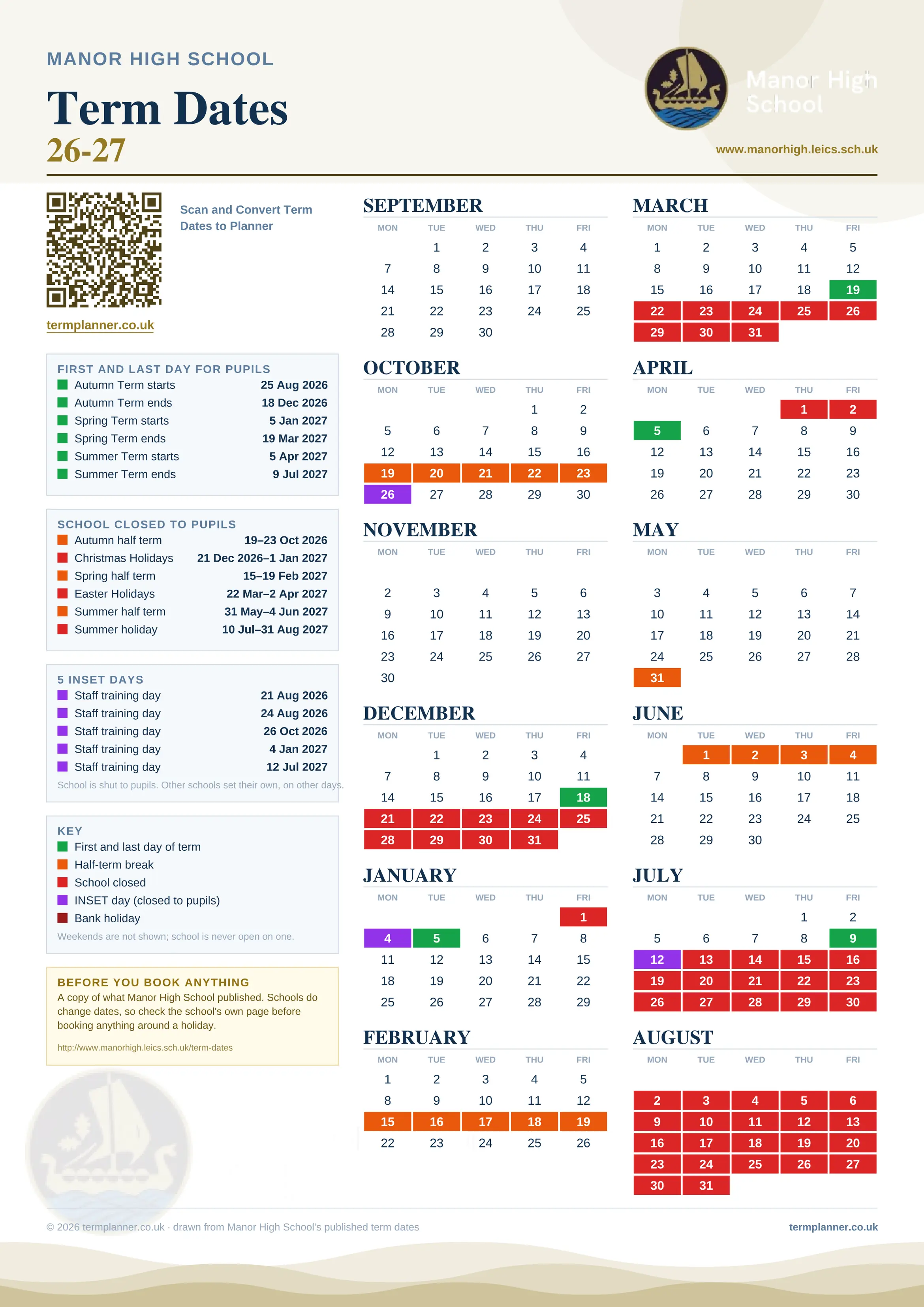 Manor High School’s 2026/27 school year drawn as one sheet: twelve month grids from September to August, Monday to Friday, with autumn term 25 August to 18 December 2026, spring term 5 January to 19 March 2027, summer term 5 April to 9 July 2027. Half terms, holidays and bank holidays are filled in colour, the first and last day of each term is marked, 5 INSET days are picked out, and every date is listed again in words down the left.