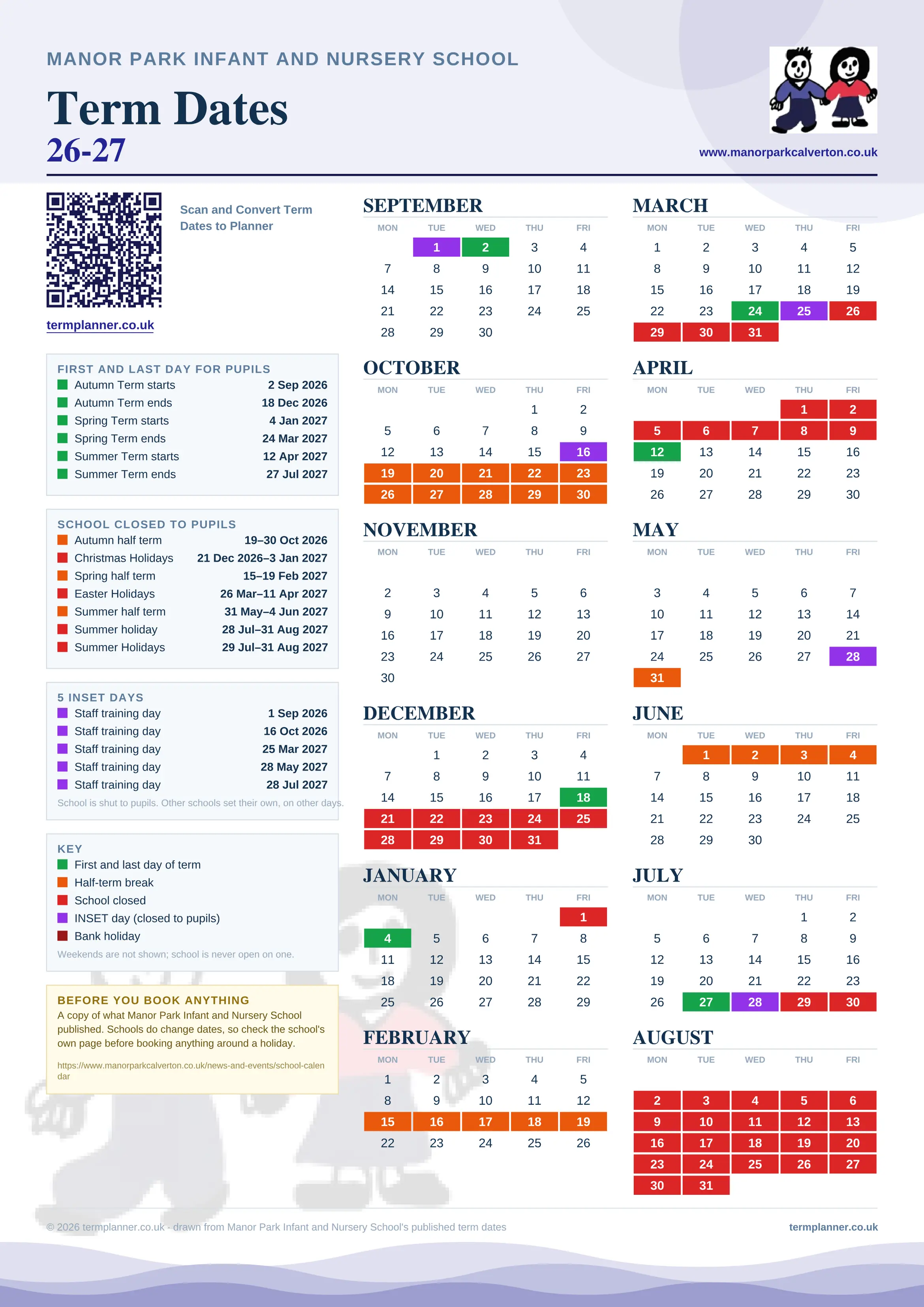 Manor Park Infant and Nursery School’s 2026/27 school year drawn as one sheet: twelve month grids from September to August, Monday to Friday, with autumn term 2 September to 18 December 2026, spring term 4 January to 24 March 2027, summer term 12 April to 27 July 2027. Half terms, holidays and bank holidays are filled in colour, the first and last day of each term is marked, 5 INSET days are picked out, and every date is listed again in words down the left.