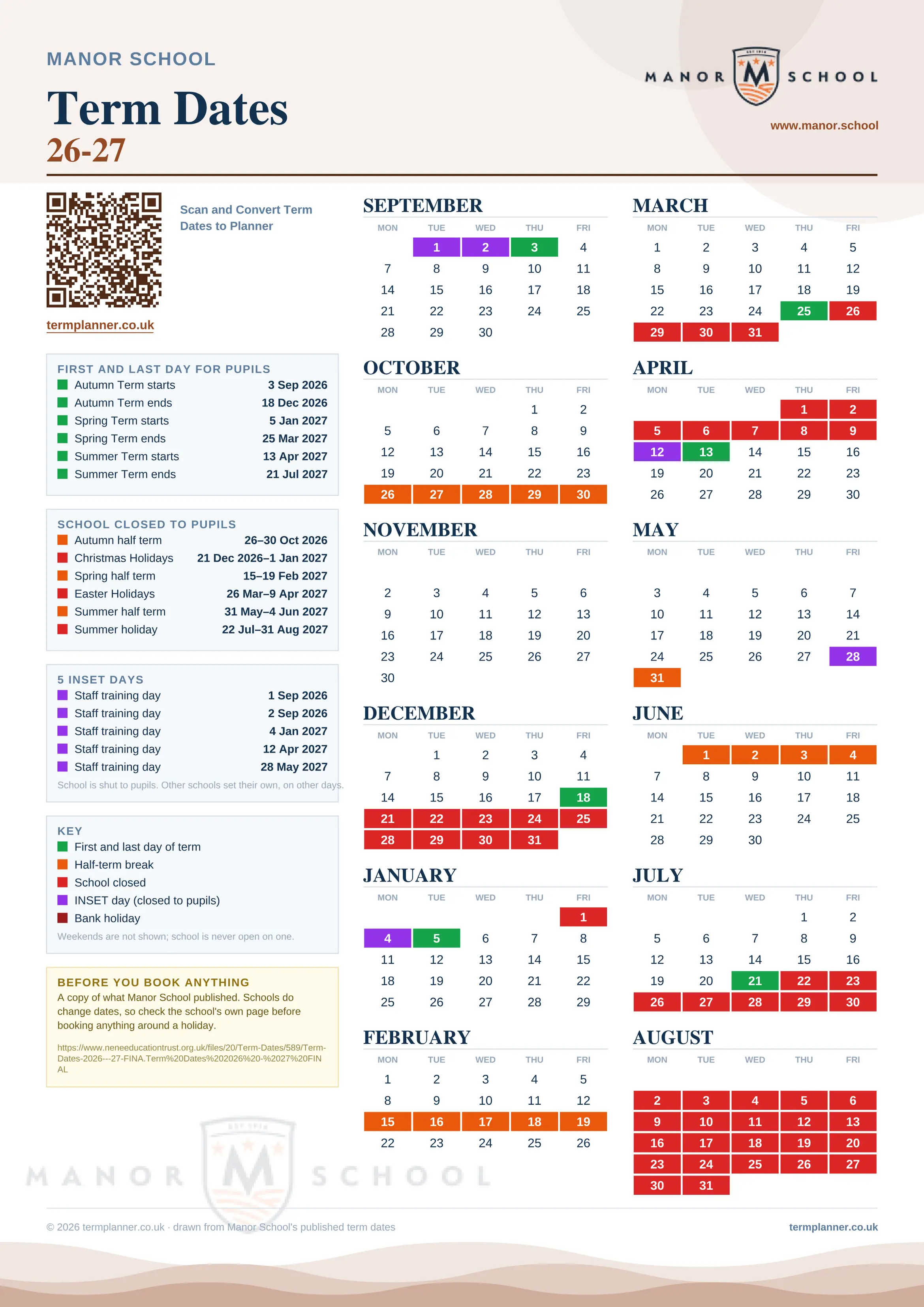 Manor School’s 2026/27 school year drawn as one sheet: twelve month grids from September to August, Monday to Friday, with autumn term 3 September to 18 December 2026, spring term 5 January to 25 March 2027, summer term 13 April to 21 July 2027. Half terms, holidays and bank holidays are filled in colour, the first and last day of each term is marked, 5 INSET days are picked out, and every date is listed again in words down the left.