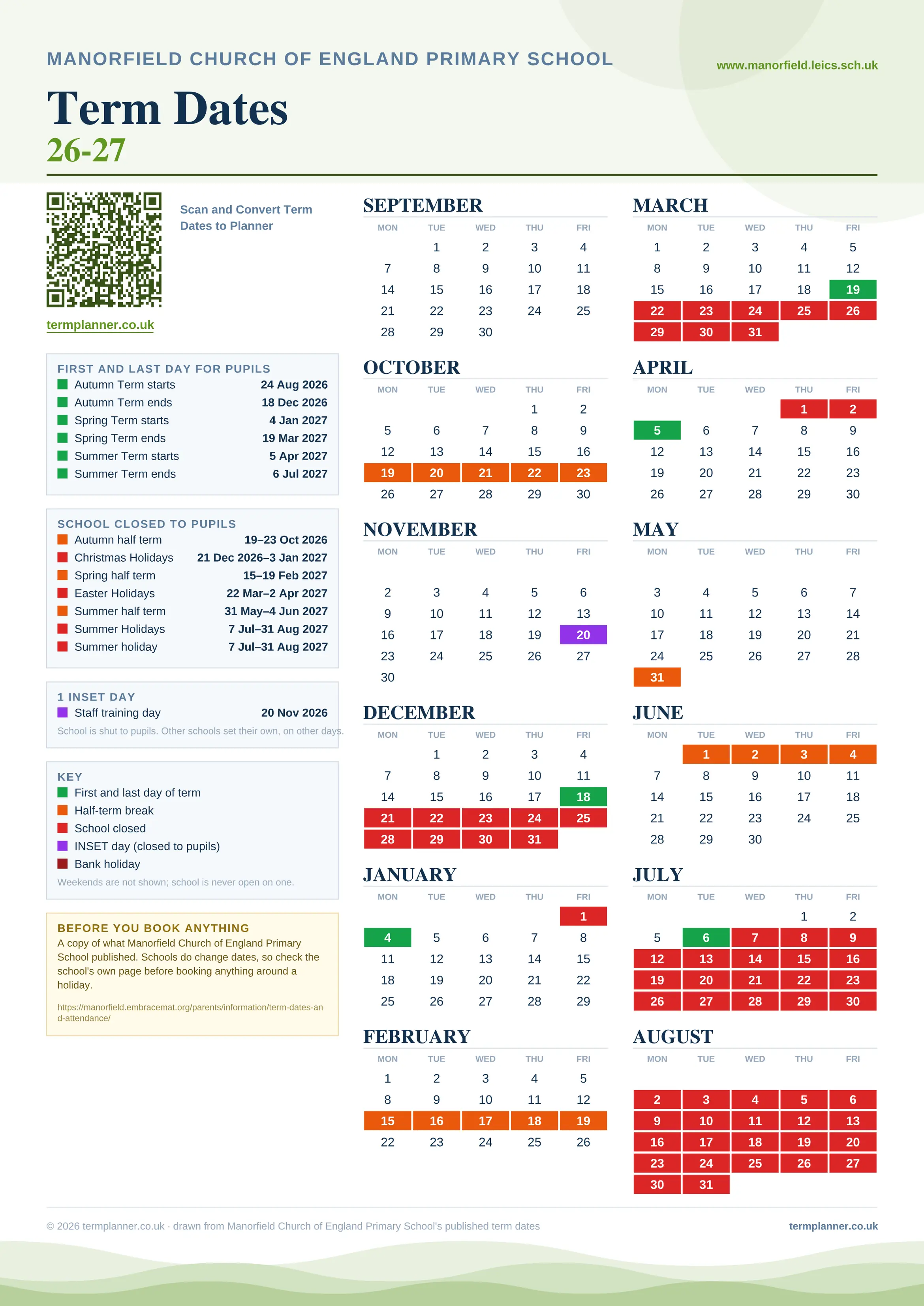 Manorfield Church of England Primary School’s 2026/27 school year drawn as one sheet: twelve month grids from September to August, Monday to Friday, with autumn term 24 August to 18 December 2026, spring term 4 January to 19 March 2027, summer term 5 April to 6 July 2027. Half terms, holidays and bank holidays are filled in colour, the first and last day of each term is marked, 1 INSET day is picked out, and every date is listed again in words down the left.