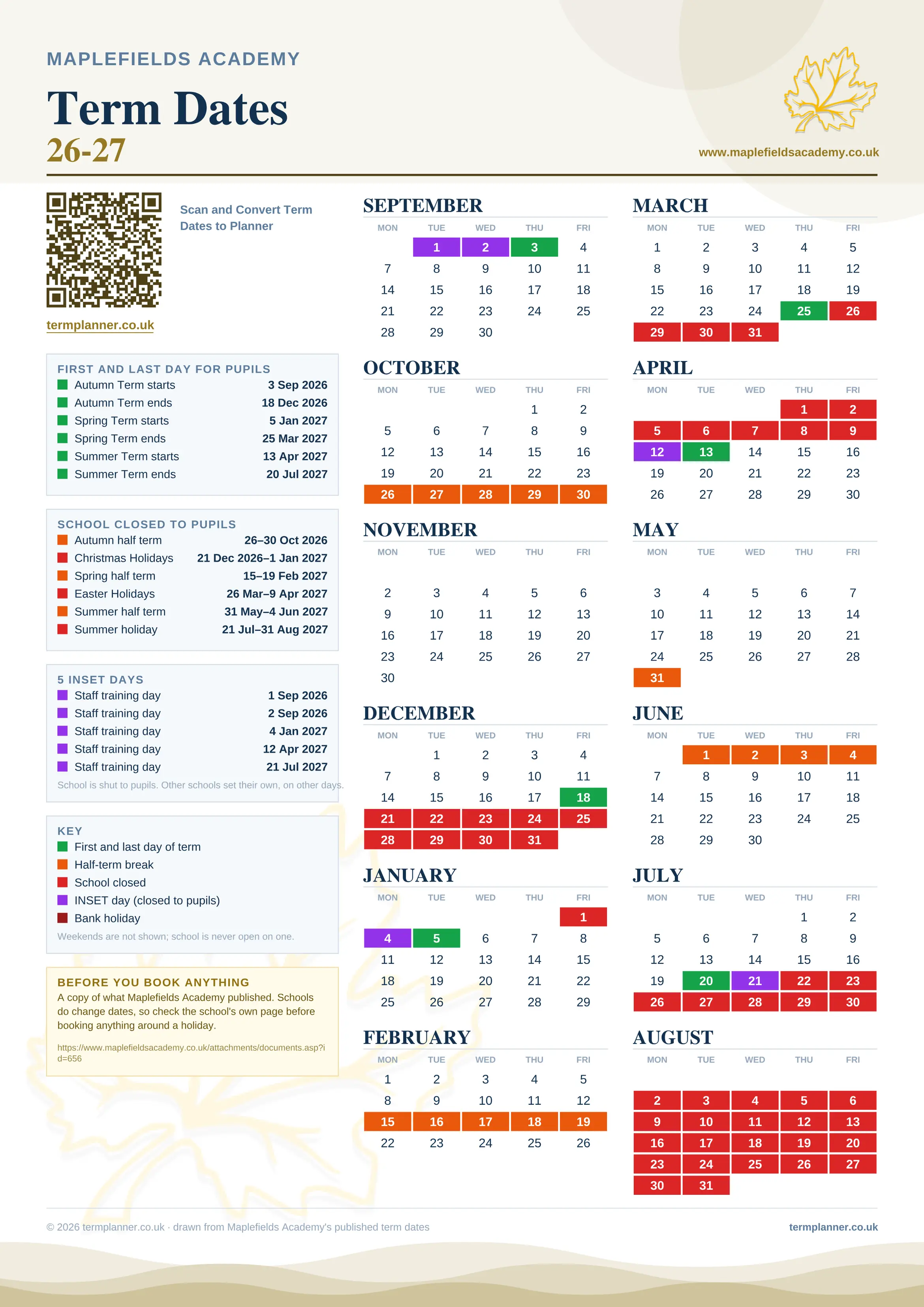 Maplefields Academy’s 2026/27 school year drawn as one sheet: twelve month grids from September to August, Monday to Friday, with autumn term 3 September to 18 December 2026, spring term 5 January to 25 March 2027, summer term 13 April to 20 July 2027. Half terms, holidays and bank holidays are filled in colour, the first and last day of each term is marked, 5 INSET days are picked out, and every date is listed again in words down the left.