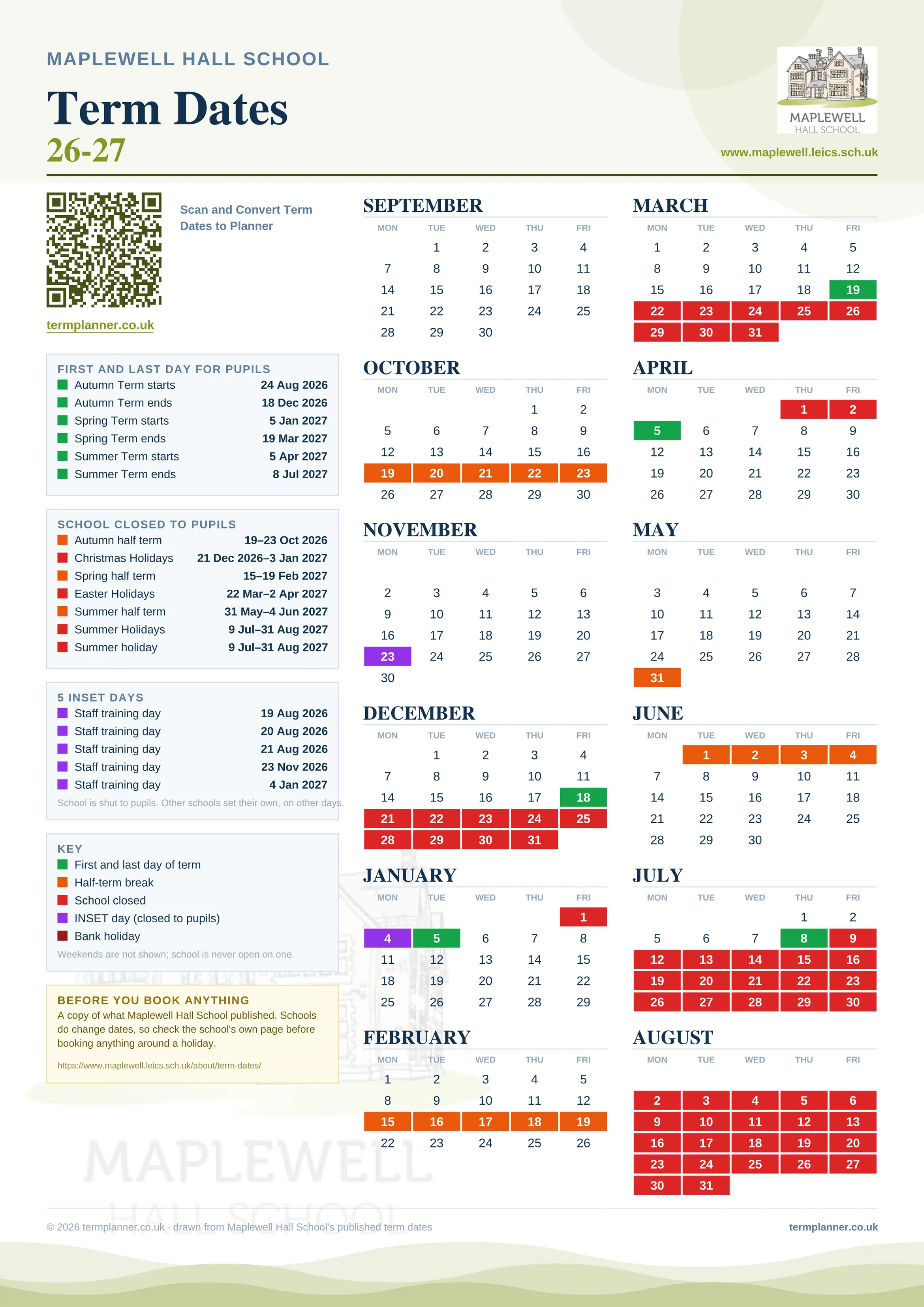 Maplewell Hall School’s 2026/27 school year drawn as one sheet: twelve month grids from September to August, Monday to Friday, with autumn term 24 August to 18 December 2026, spring term 5 January to 19 March 2027, summer term 5 April to 8 July 2027. Half terms, holidays and bank holidays are filled in colour, the first and last day of each term is marked, 5 INSET days are picked out, and every date is listed again in words down the left.
