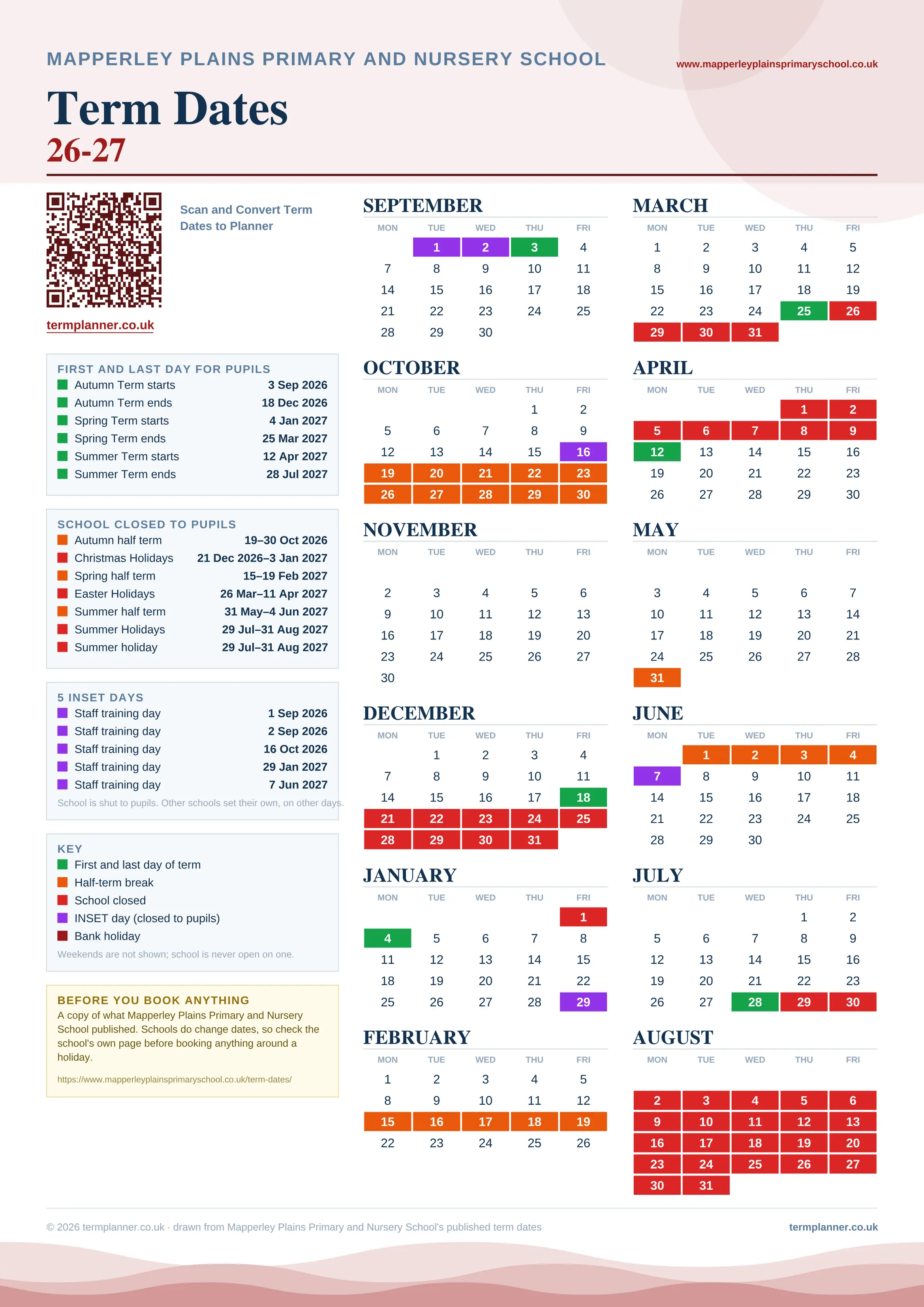 Mapperley Plains Primary and Nursery School’s 2026/27 school year drawn as one sheet: twelve month grids from September to August, Monday to Friday, with autumn term 3 September to 18 December 2026, spring term 4 January to 25 March 2027, summer term 12 April to 28 July 2027. Half terms, holidays and bank holidays are filled in colour, the first and last day of each term is marked, 5 INSET days are picked out, and every date is listed again in words down the left.