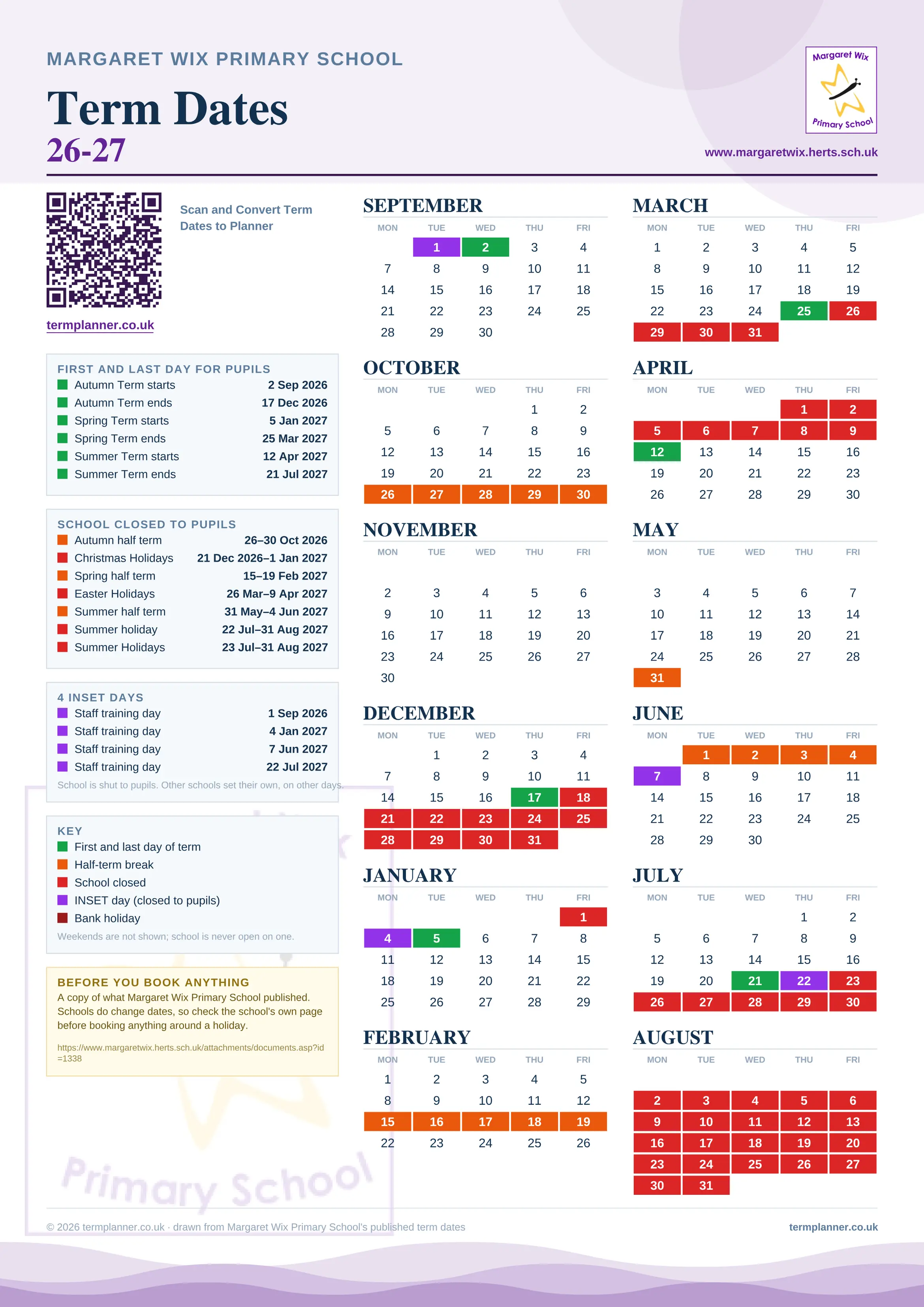 Margaret Wix Primary School’s 2026/27 school year drawn as one sheet: twelve month grids from September to August, Monday to Friday, with autumn term 2 September to 17 December 2026, spring term 5 January to 25 March 2027, summer term 12 April to 21 July 2027. Half terms, holidays and bank holidays are filled in colour, the first and last day of each term is marked, 4 INSET days are picked out, and every date is listed again in words down the left.