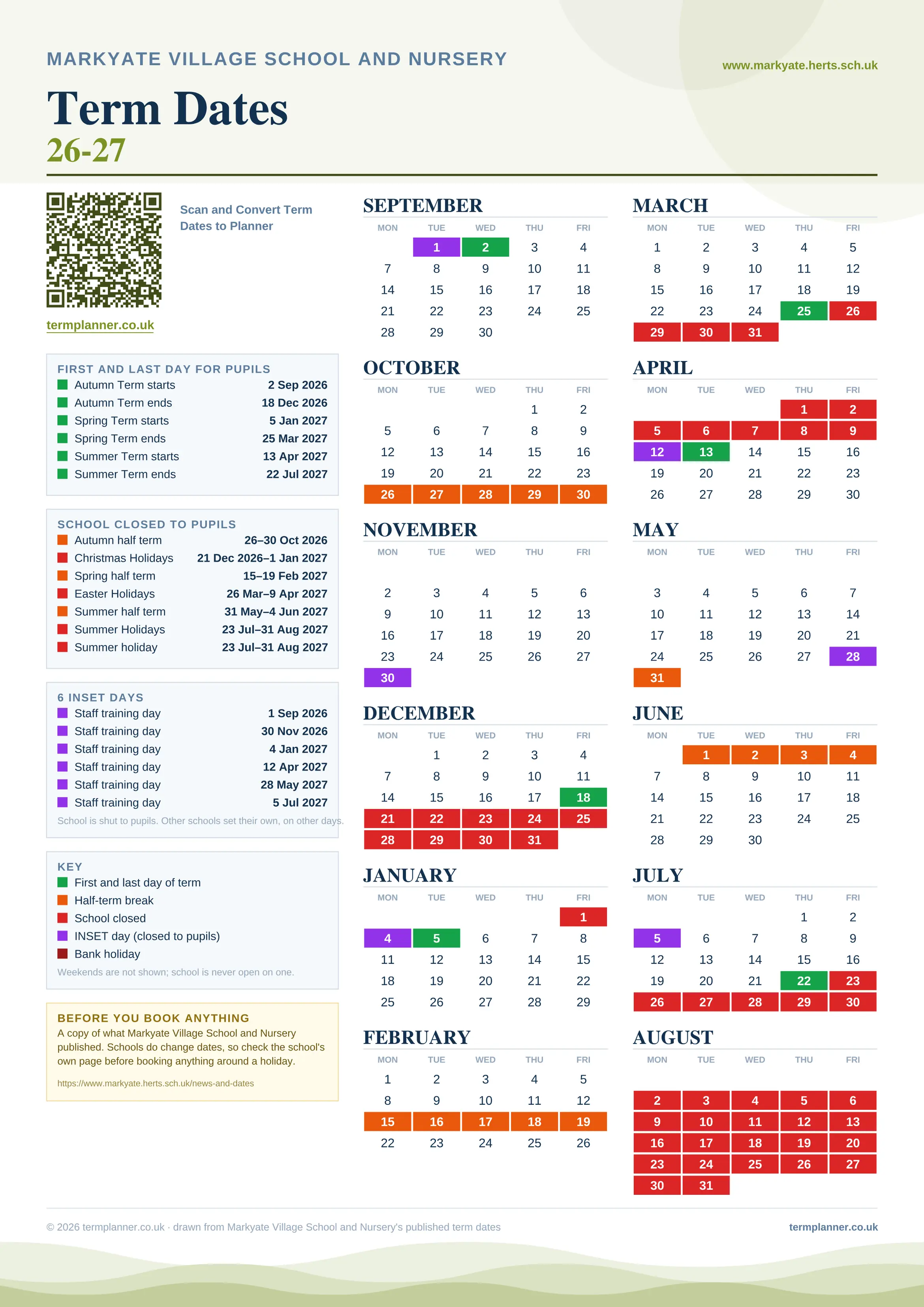 Markyate Village School and Nursery’s 2026/27 school year drawn as one sheet: twelve month grids from September to August, Monday to Friday, with autumn term 2 September to 18 December 2026, spring term 5 January to 25 March 2027, summer term 13 April to 22 July 2027. Half terms, holidays and bank holidays are filled in colour, the first and last day of each term is marked, 6 INSET days are picked out, and every date is listed again in words down the left.
