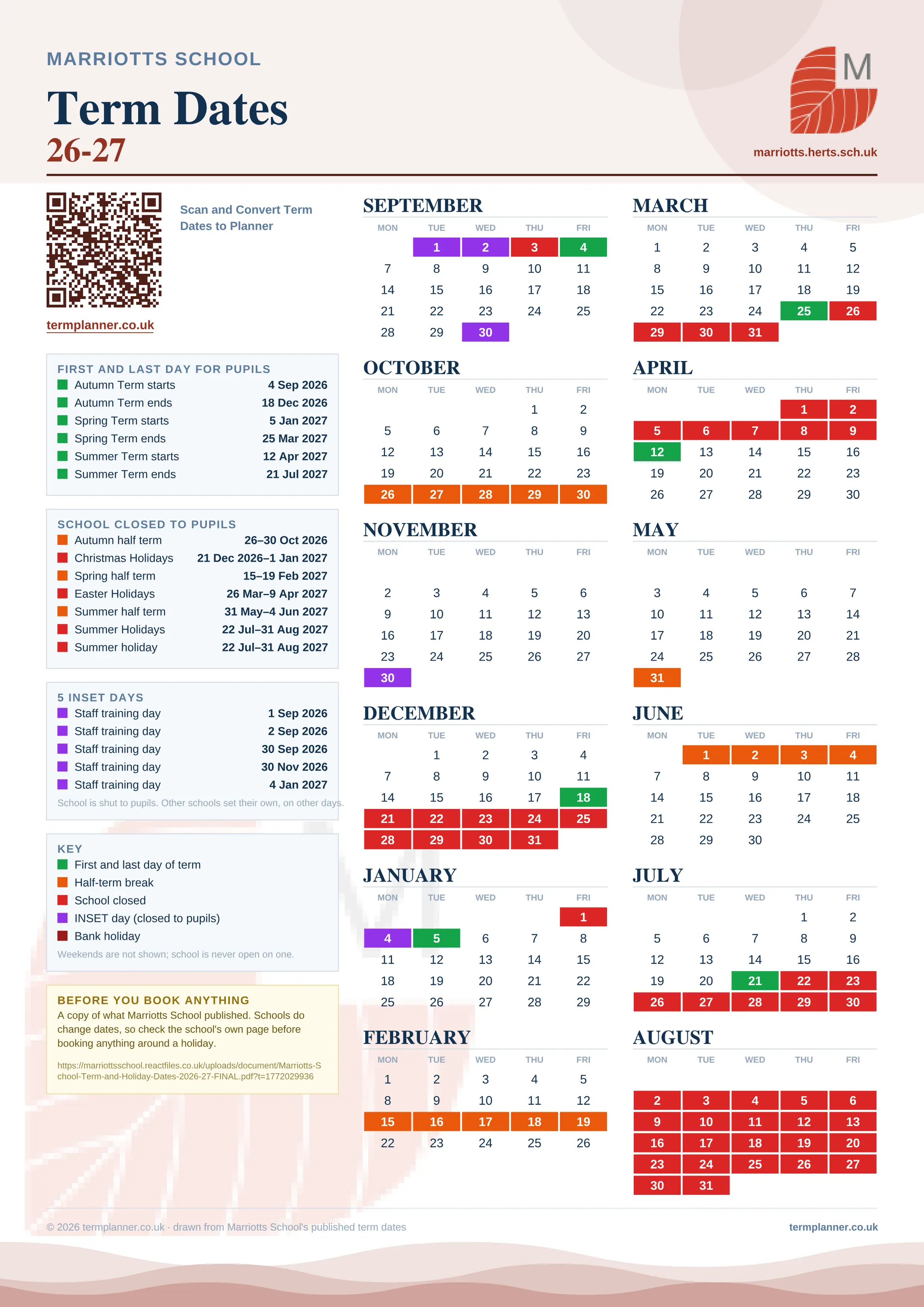 Marriotts School’s 2026/27 school year drawn as one sheet: twelve month grids from September to August, Monday to Friday, with autumn term 4 September to 18 December 2026, spring term 5 January to 25 March 2027, summer term 12 April to 21 July 2027. Half terms, holidays and bank holidays are filled in colour, the first and last day of each term is marked, 5 INSET days are picked out, and every date is listed again in words down the left.