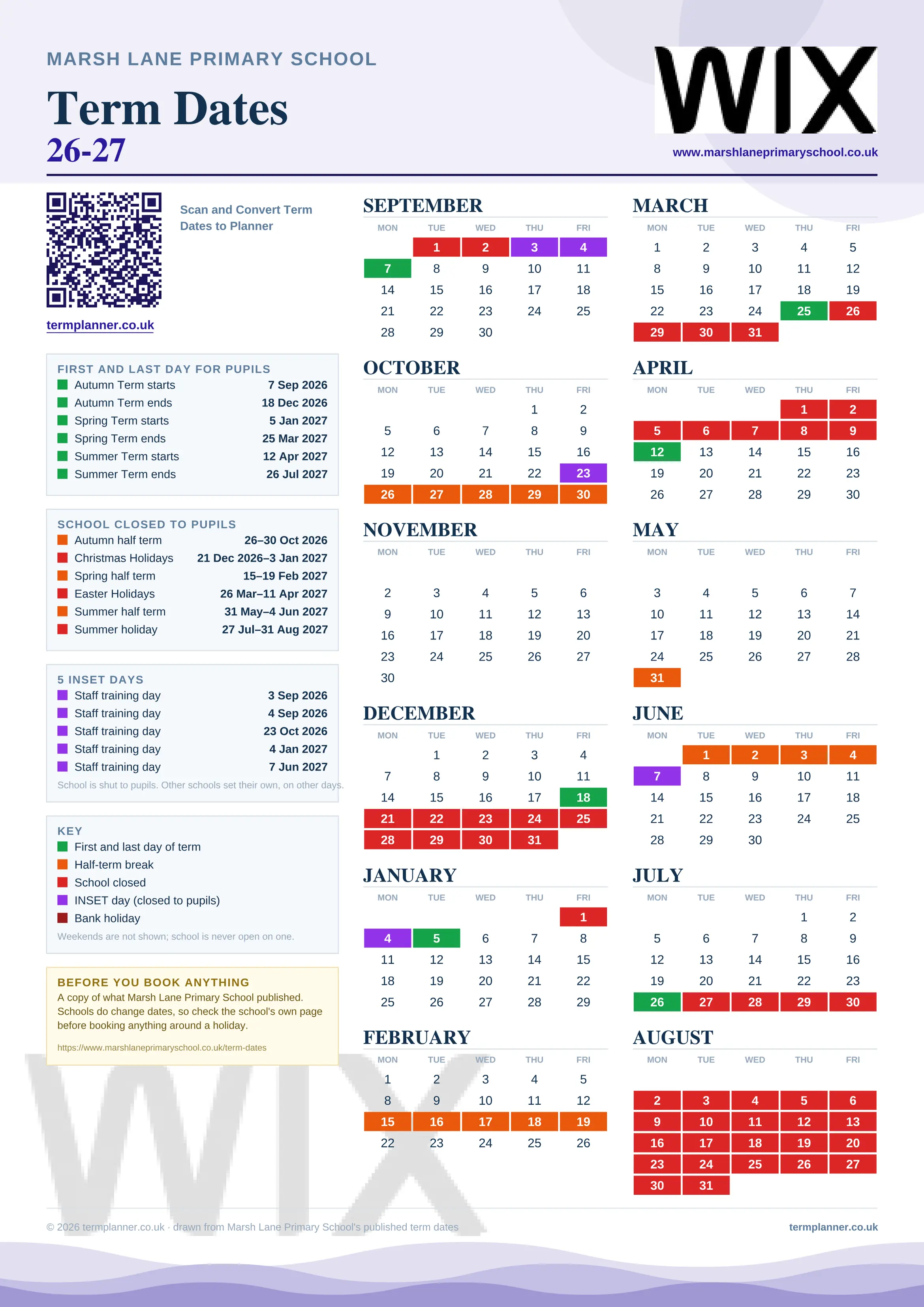 Marsh Lane Primary School’s 2026/27 school year drawn as one sheet: twelve month grids from September to August, Monday to Friday, with autumn term 7 September to 18 December 2026, spring term 5 January to 25 March 2027, summer term 12 April to 26 July 2027. Half terms, holidays and bank holidays are filled in colour, the first and last day of each term is marked, 5 INSET days are picked out, and every date is listed again in words down the left.