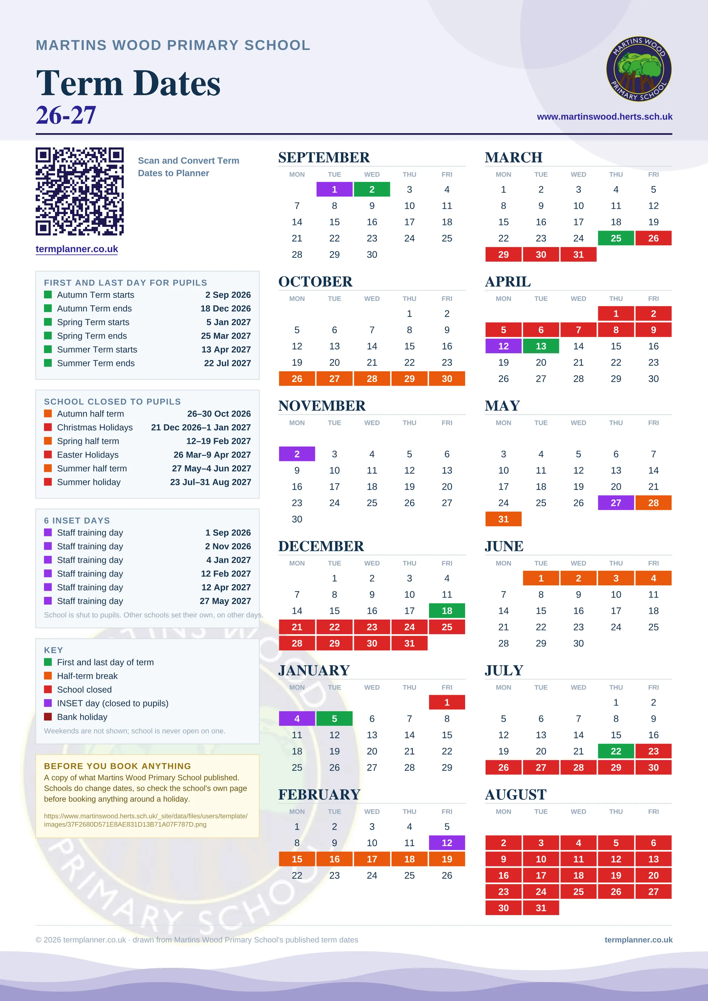 Martins Wood Primary School’s 2026/27 school year drawn as one sheet: twelve month grids from September to August, Monday to Friday, with autumn term 2 September to 18 December 2026, spring term 5 January to 25 March 2027, summer term 13 April to 22 July 2027. Half terms, holidays and bank holidays are filled in colour, the first and last day of each term is marked, 6 INSET days are picked out, and every date is listed again in words down the left.