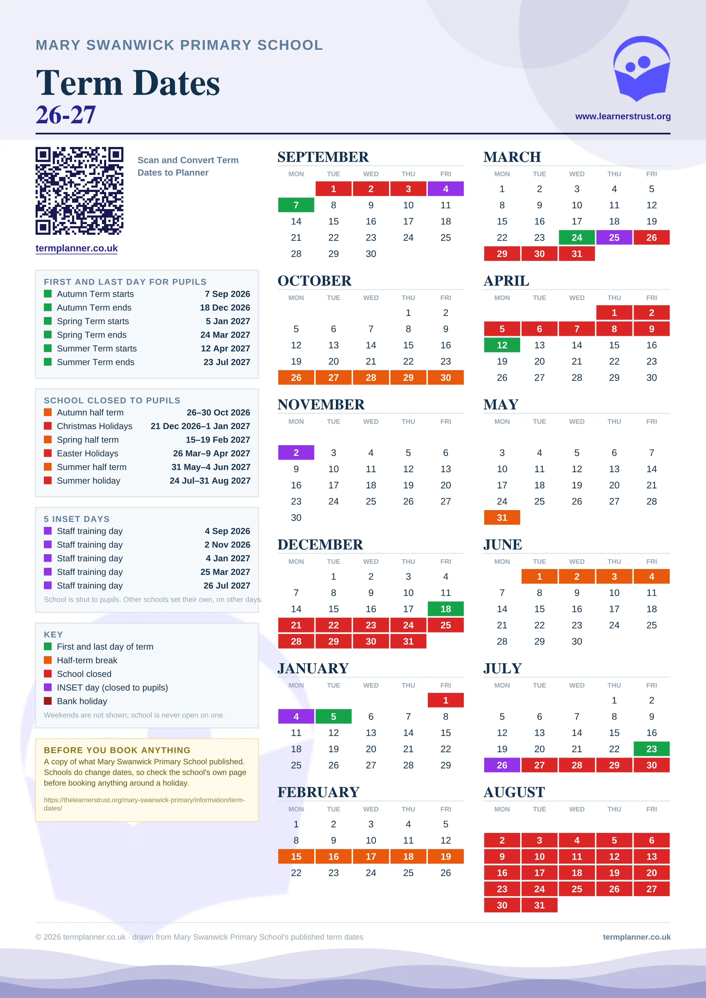 Mary Swanwick Primary School’s 2026/27 school year drawn as one sheet: twelve month grids from September to August, Monday to Friday, with autumn term 7 September to 18 December 2026, spring term 5 January to 24 March 2027, summer term 12 April to 23 July 2027. Half terms, holidays and bank holidays are filled in colour, the first and last day of each term is marked, 5 INSET days are picked out, and every date is listed again in words down the left.