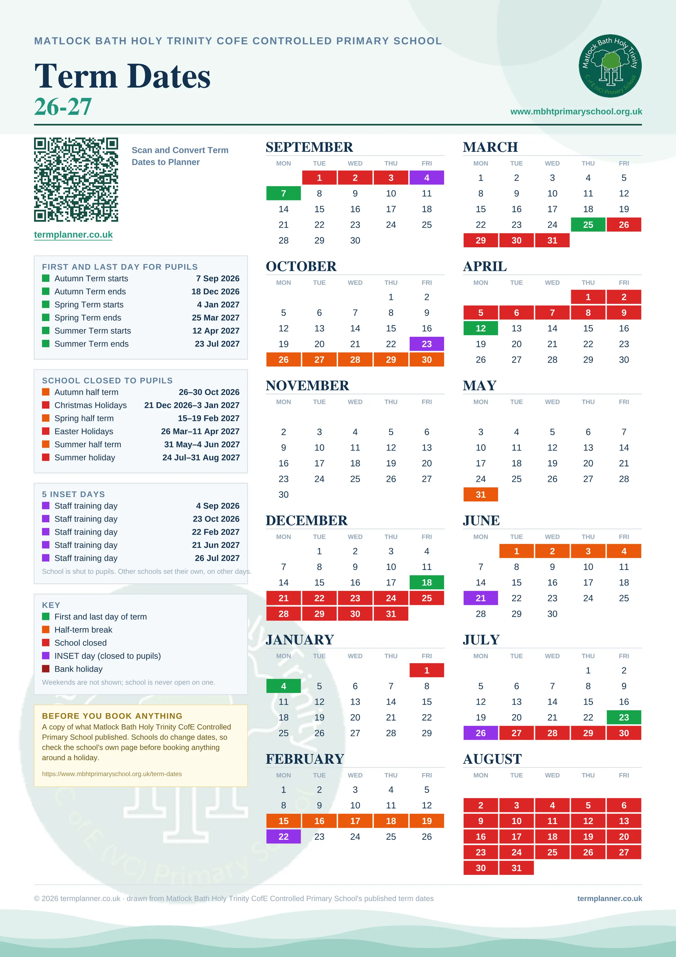 Matlock Bath Holy Trinity CofE Controlled Primary School’s 2026/27 school year drawn as one sheet: twelve month grids from September to August, Monday to Friday, with autumn term 7 September to 18 December 2026, spring term 4 January to 25 March 2027, summer term 12 April to 23 July 2027. Half terms, holidays and bank holidays are filled in colour, the first and last day of each term is marked, 5 INSET days are picked out, and every date is listed again in words down the left.