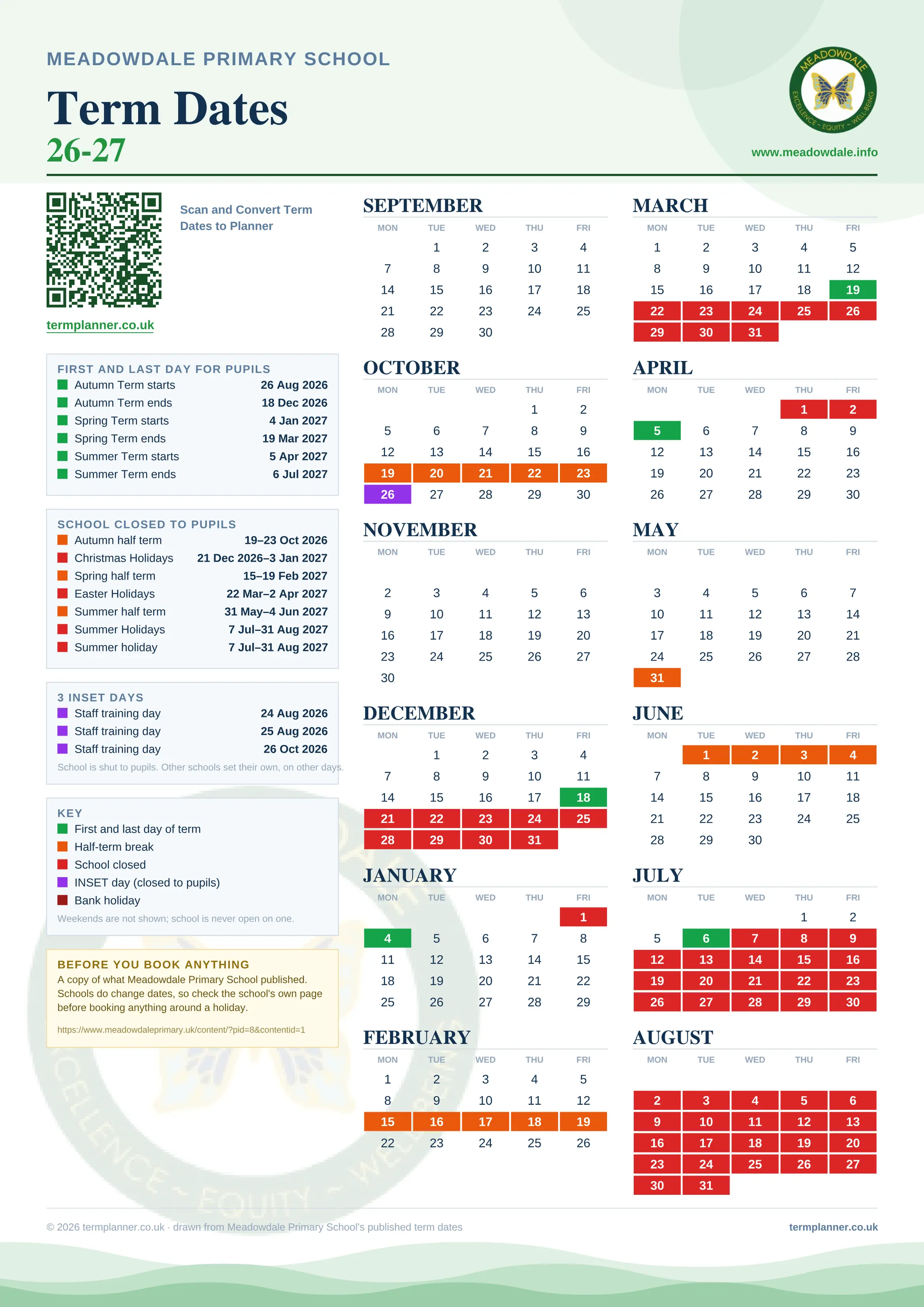Meadowdale Primary School’s 2026/27 school year drawn as one sheet: twelve month grids from September to August, Monday to Friday, with autumn term 26 August to 18 December 2026, spring term 4 January to 19 March 2027, summer term 5 April to 6 July 2027. Half terms, holidays and bank holidays are filled in colour, the first and last day of each term is marked, 3 INSET days are picked out, and every date is listed again in words down the left.